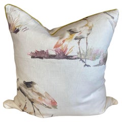 Linen Watercolor Bird Print with Chartreuse Detail and Soft Grey Silk
