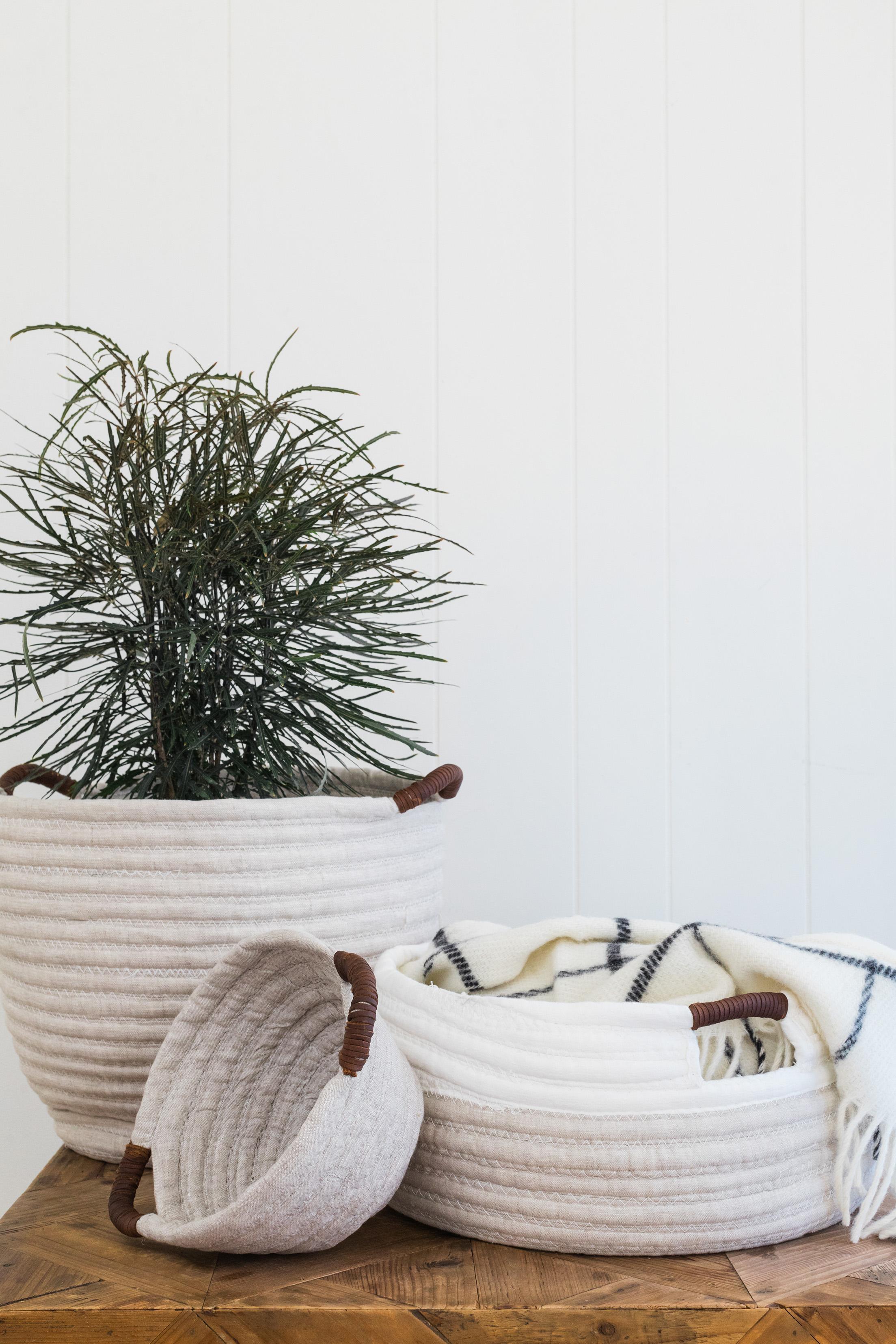 Organic Modern Linen Woven Basket in Natural with Leather Handles Custom Crafted in the USA For Sale