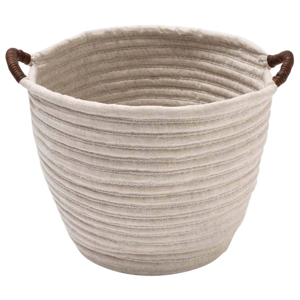 Linen Woven Basket in Natural with Leather Handles Custom Crafted in the USA For Sale
