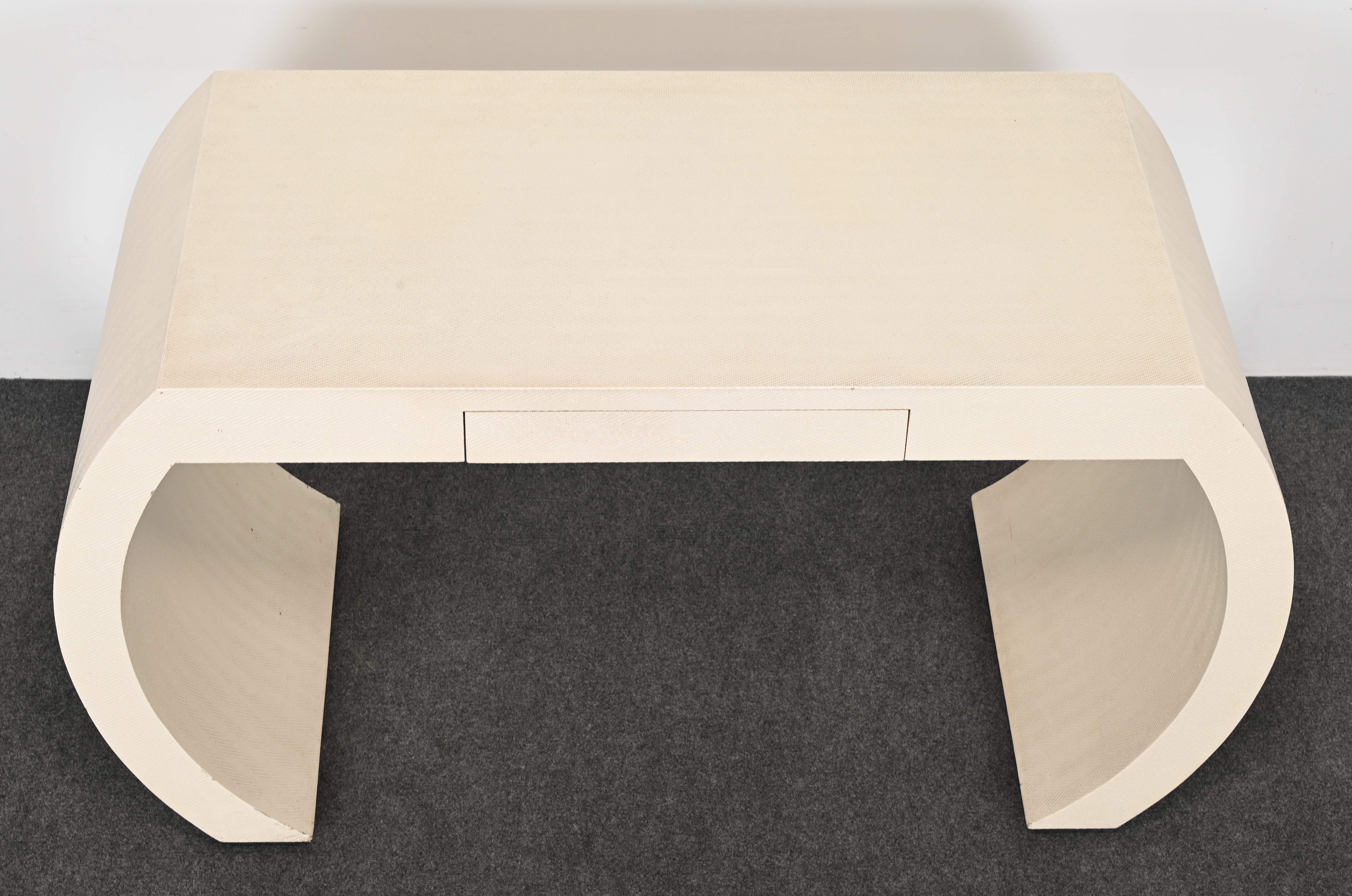 Mid-Century Modern Linen Wrapped Karl Springer Style Desk, 1980s For Sale