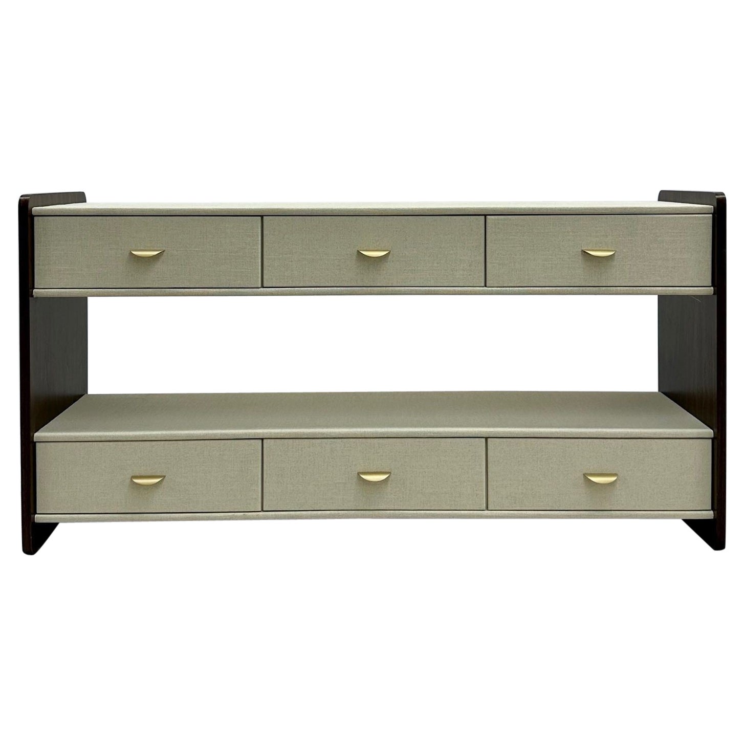 Linen Wrapped Sideboard / Console Table, TV Console, Walnut, Brass, American