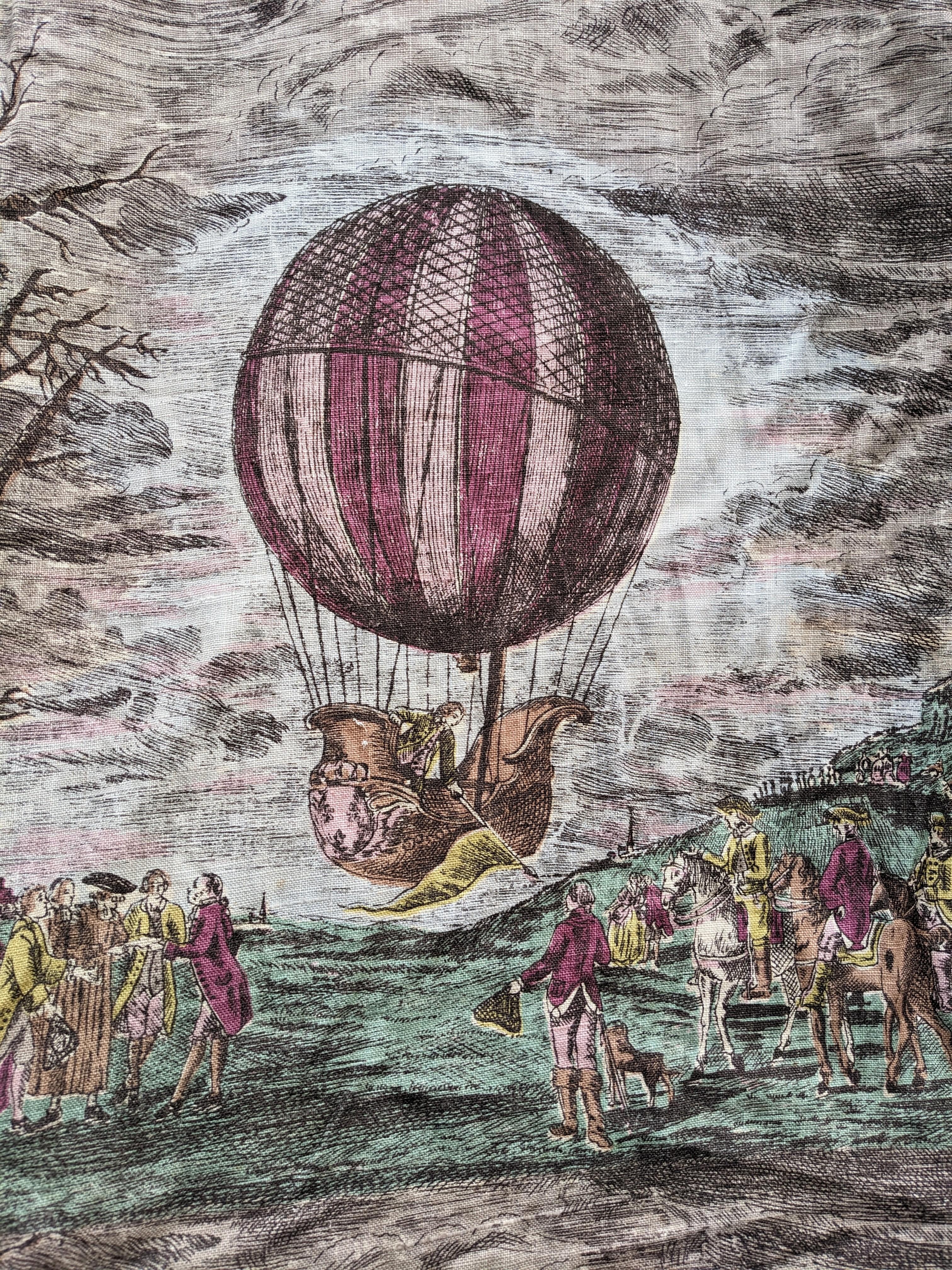 Américain Yardage en lin, scène de ballon d'aviation, 18e siècle en vente