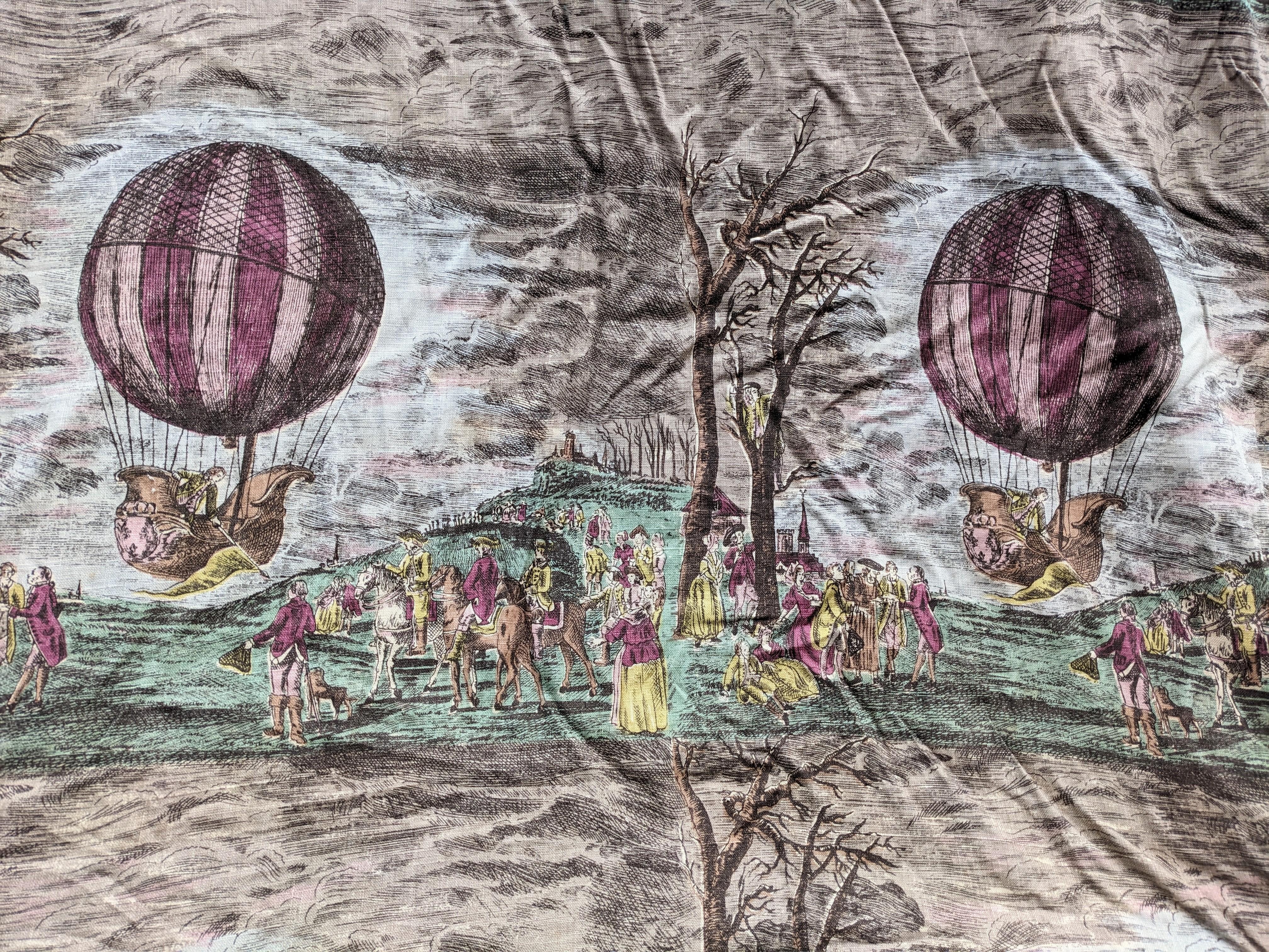 American Linen Yardage, 18th Century Hot Air Balloon Scene For Sale