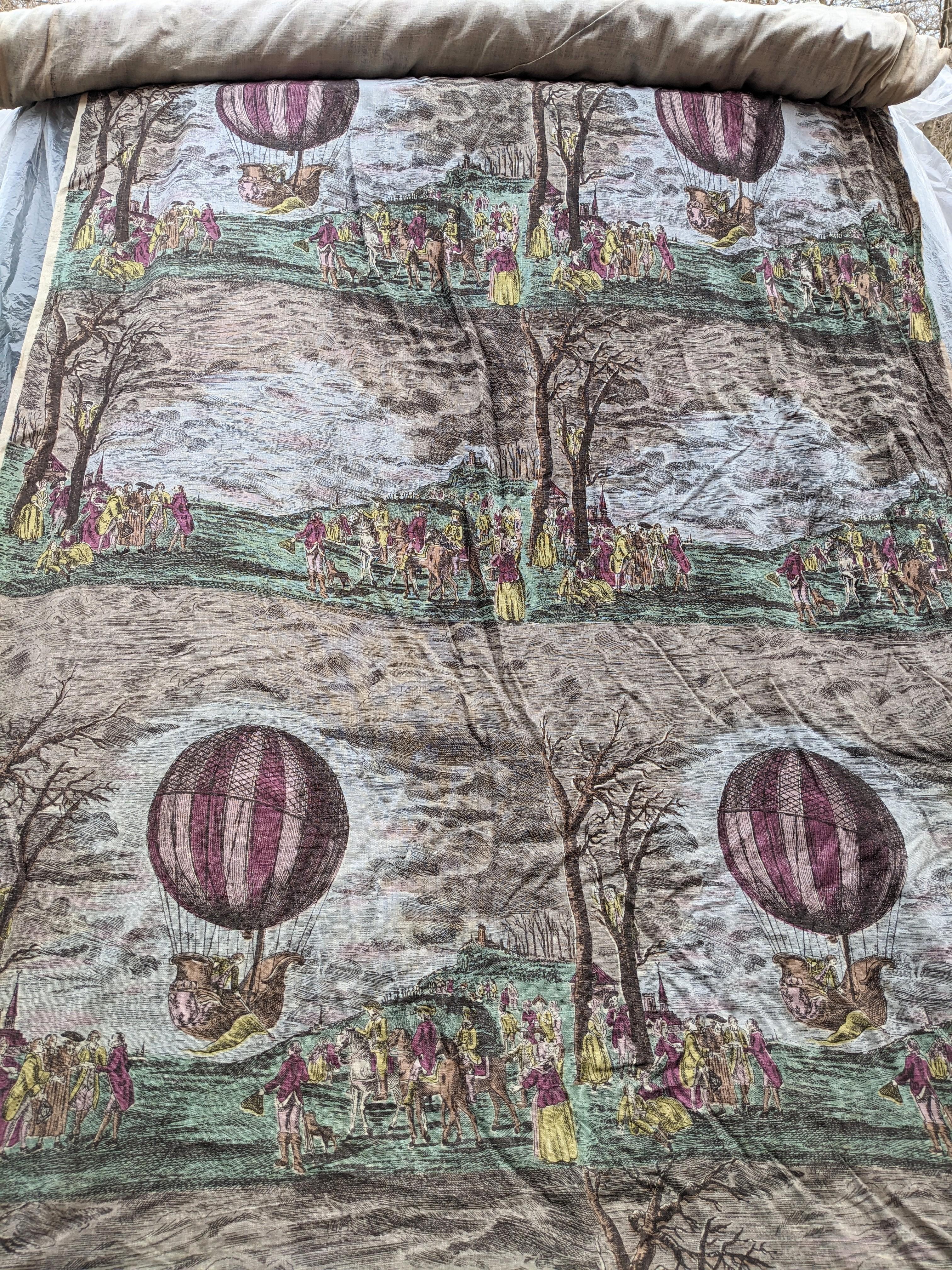 Linen Yardage, 18th Century Hot Air Balloon Scene In Good Condition For Sale In Riverdale, NY