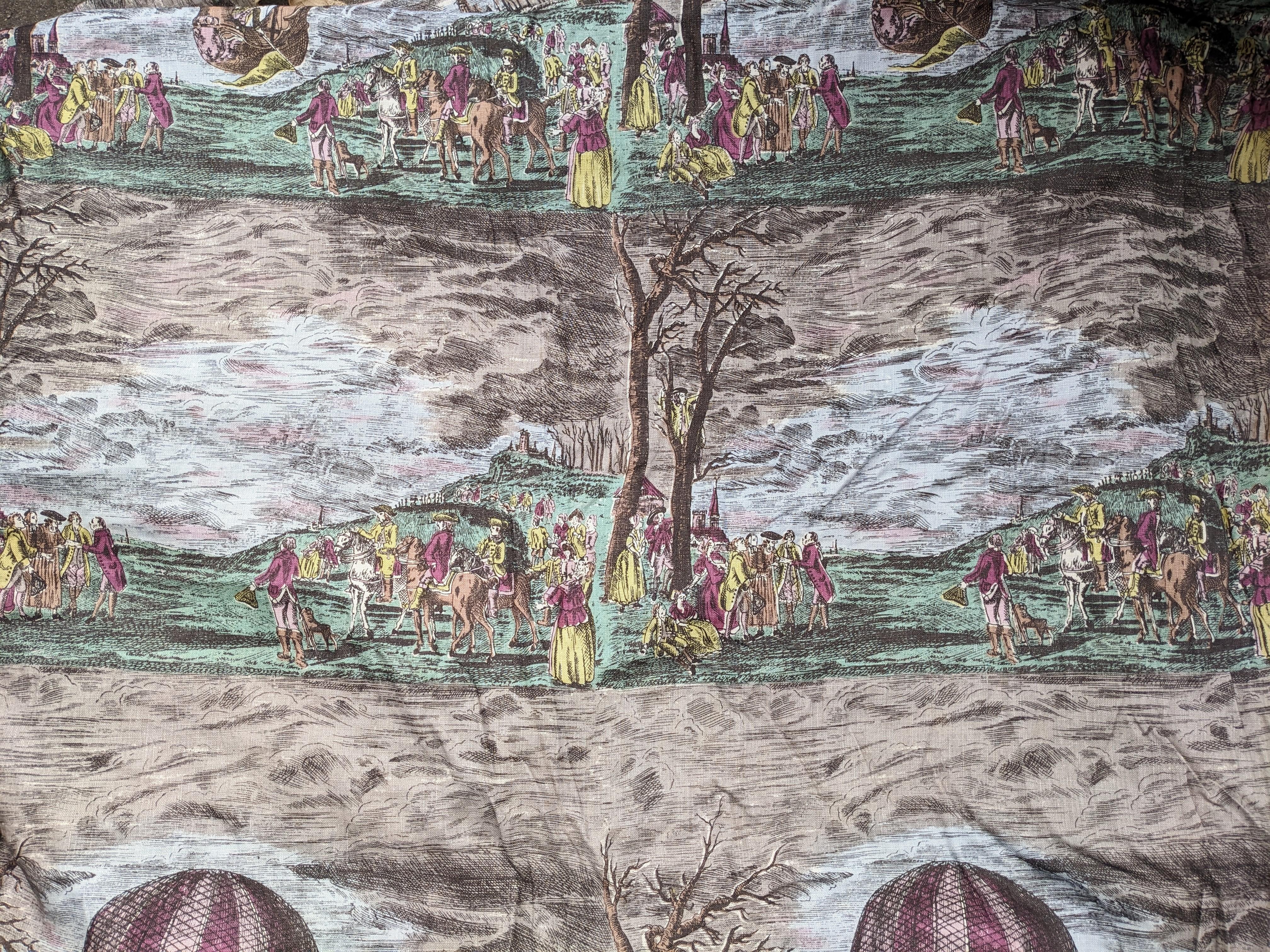 Linen Yardage, 18th Century Hot Air Balloon Scene For Sale 1