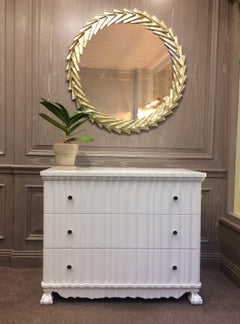 Linenfold Carved Dresser Chest, White Lacquer, Classic Modern, in Stock