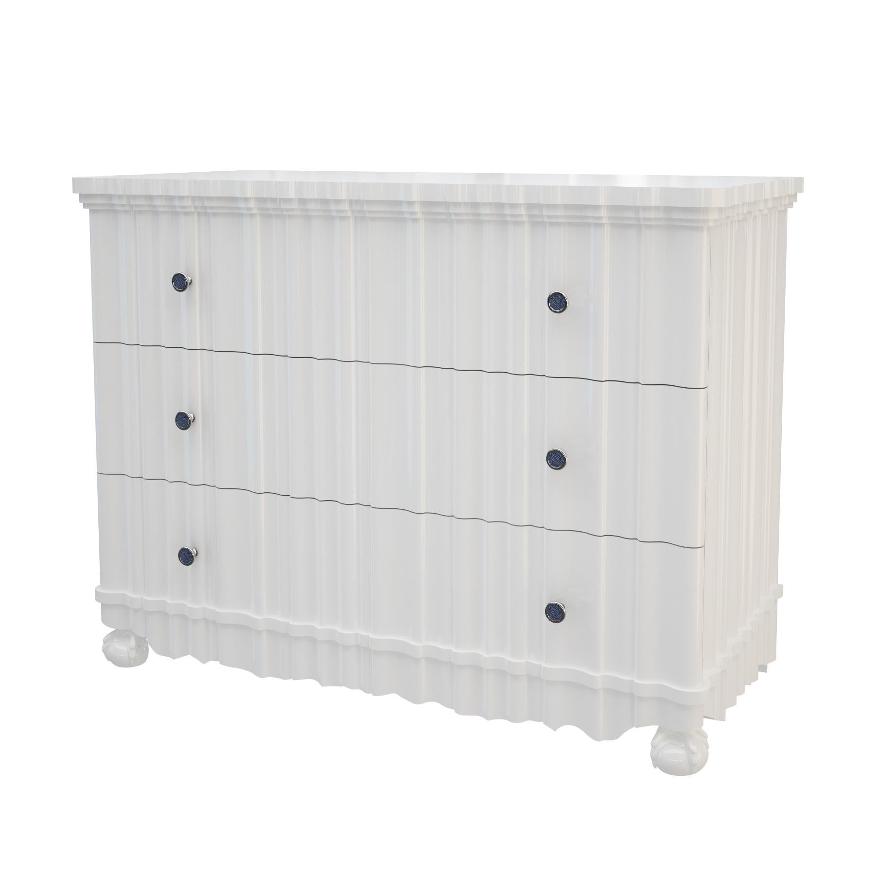 Linenfold Carved Dresser Chest, White Lacquer, Classic Modern, in Stock For Sale