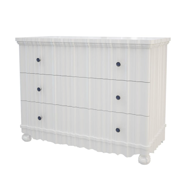 Linenfold Carved Dresser Chest, White Lacquer, Classic Modern, in Stock
