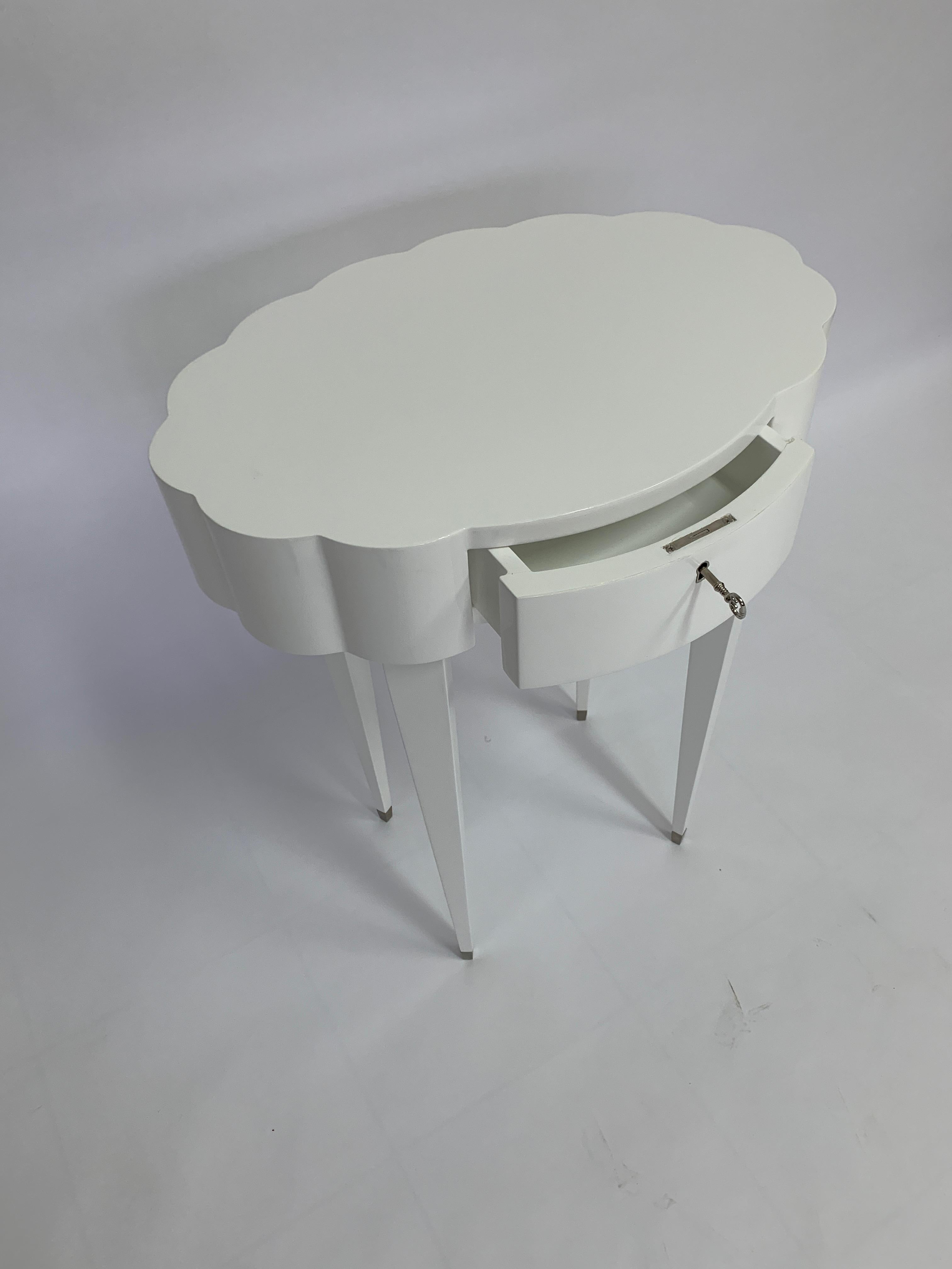 American Linenfold Carved Oval White Lacquer Side Table, in Stock For Sale