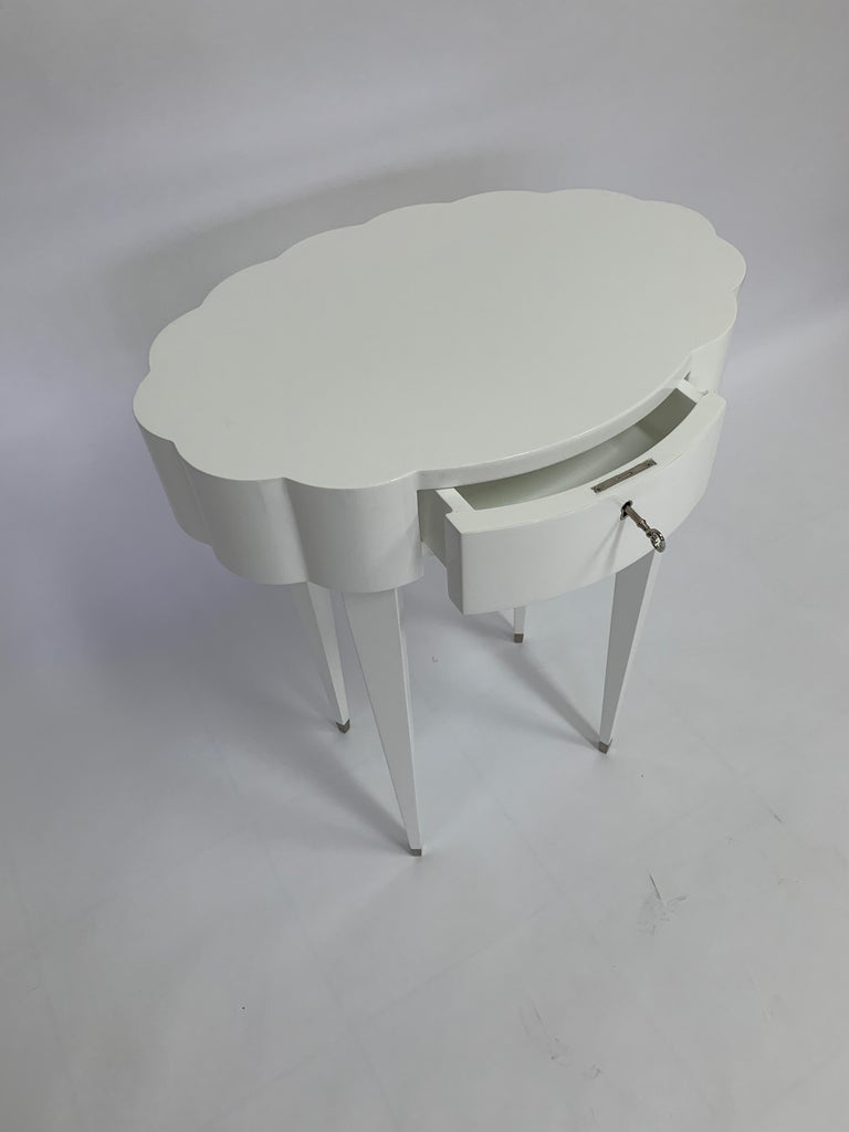 Linenfold Carved Oval White Lacquer Side Table, in Stock For Sale at