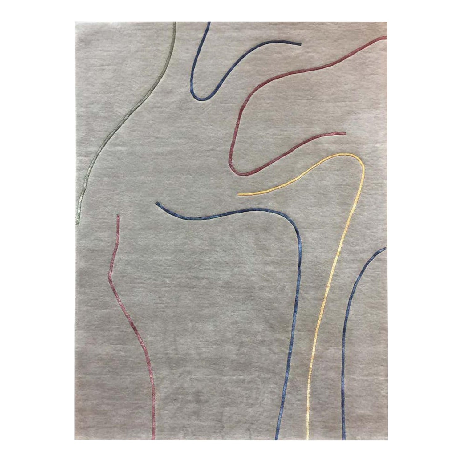 „Linien“, 100 Teile handgetufteter Wollteppich, graues Thema, farbenfrohe Seidenlinien, Teppich im Angebot