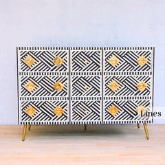 Lines Black Inlay Nine Drawer Dresser, Chest of Drawer Handcrafted by Artisanal