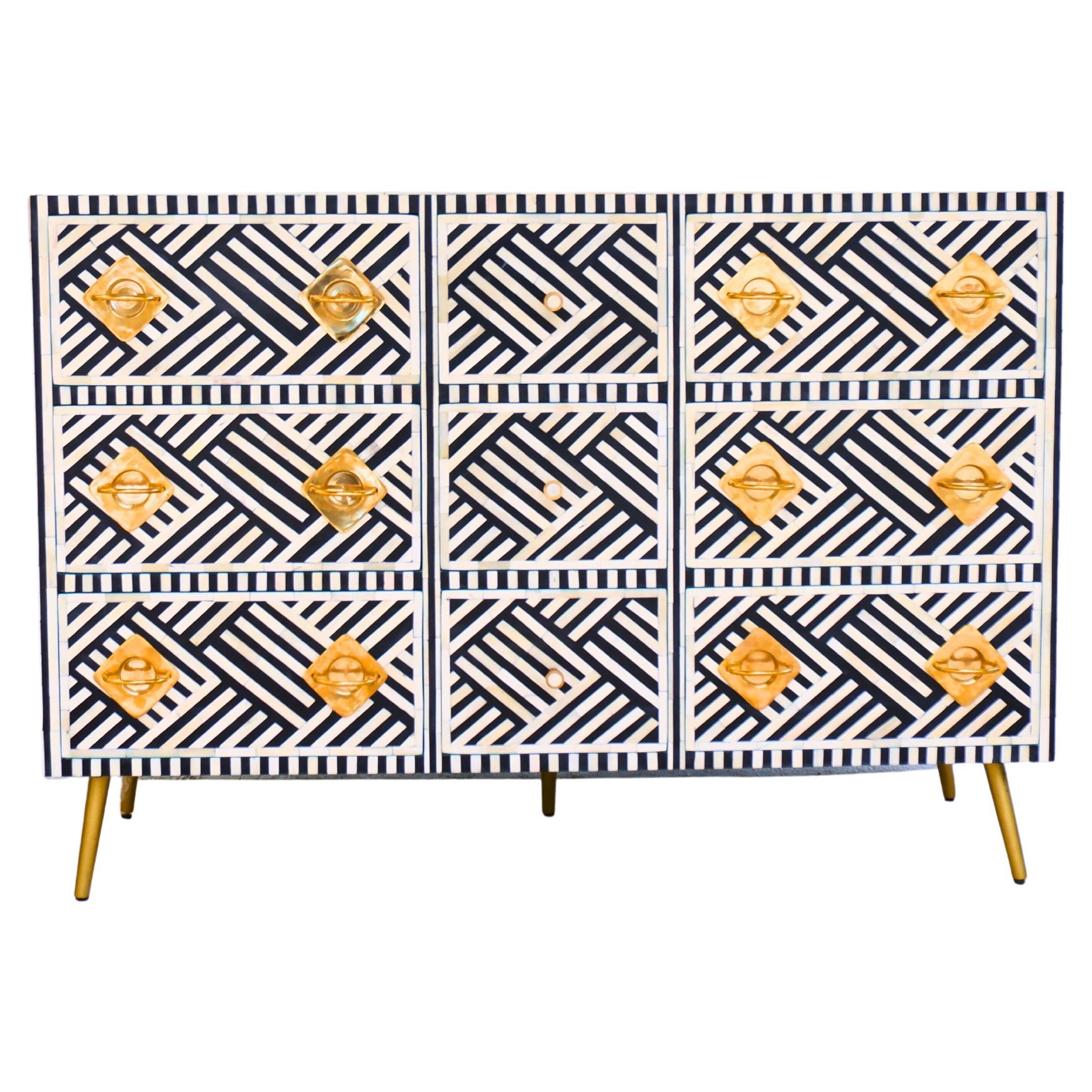 Lines Black Inlay Nine Drawer Dresser, Chest of Drawer Handcrafted by Artisanal