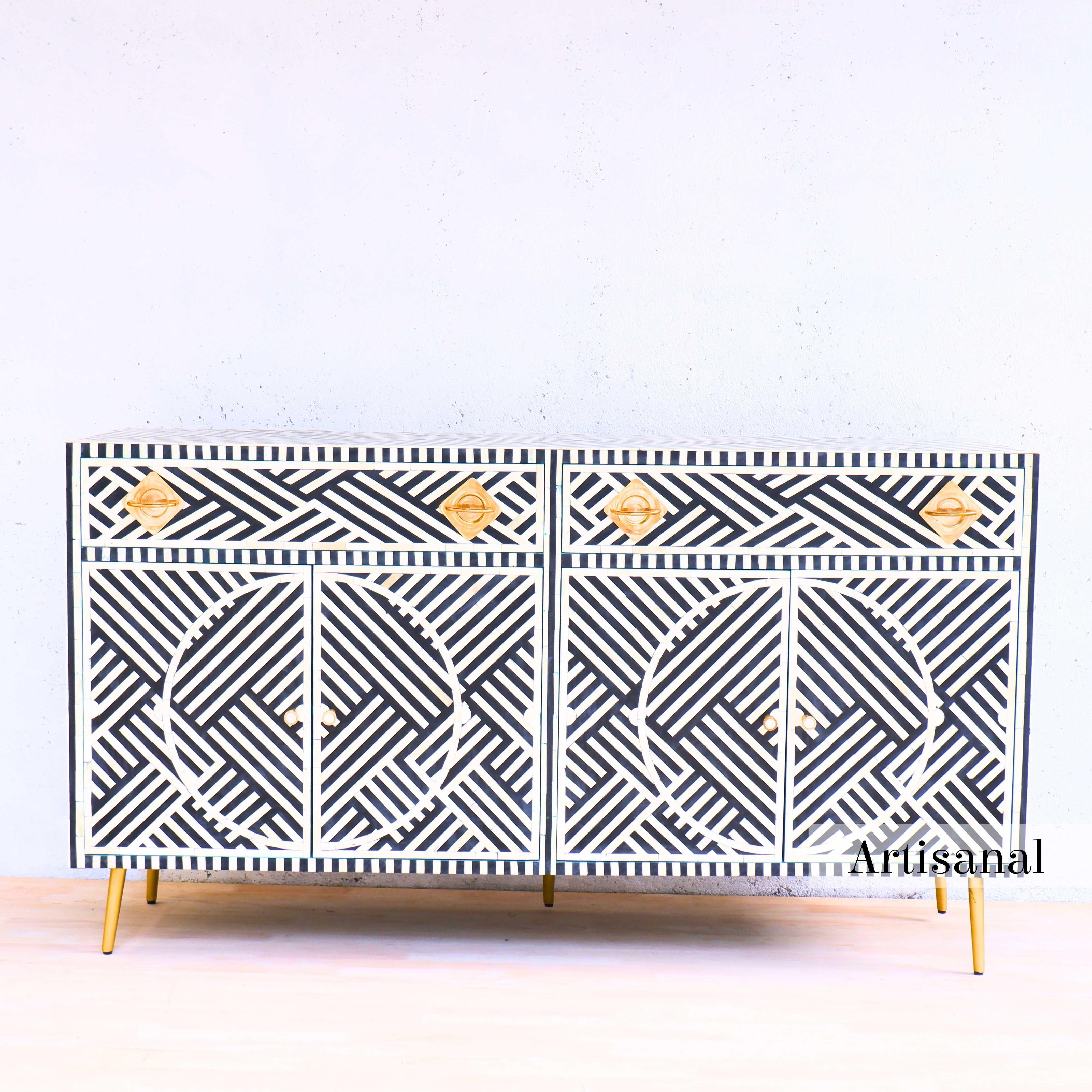 Elevate your home with Artisanal's exquisite black-and-white inlay 
sideboard —a stunning addition that seamlessly blends timeless craftsmanship with modern sophistication.

Adorned with intricate geometric-stripe patterns, this sideboard showcases