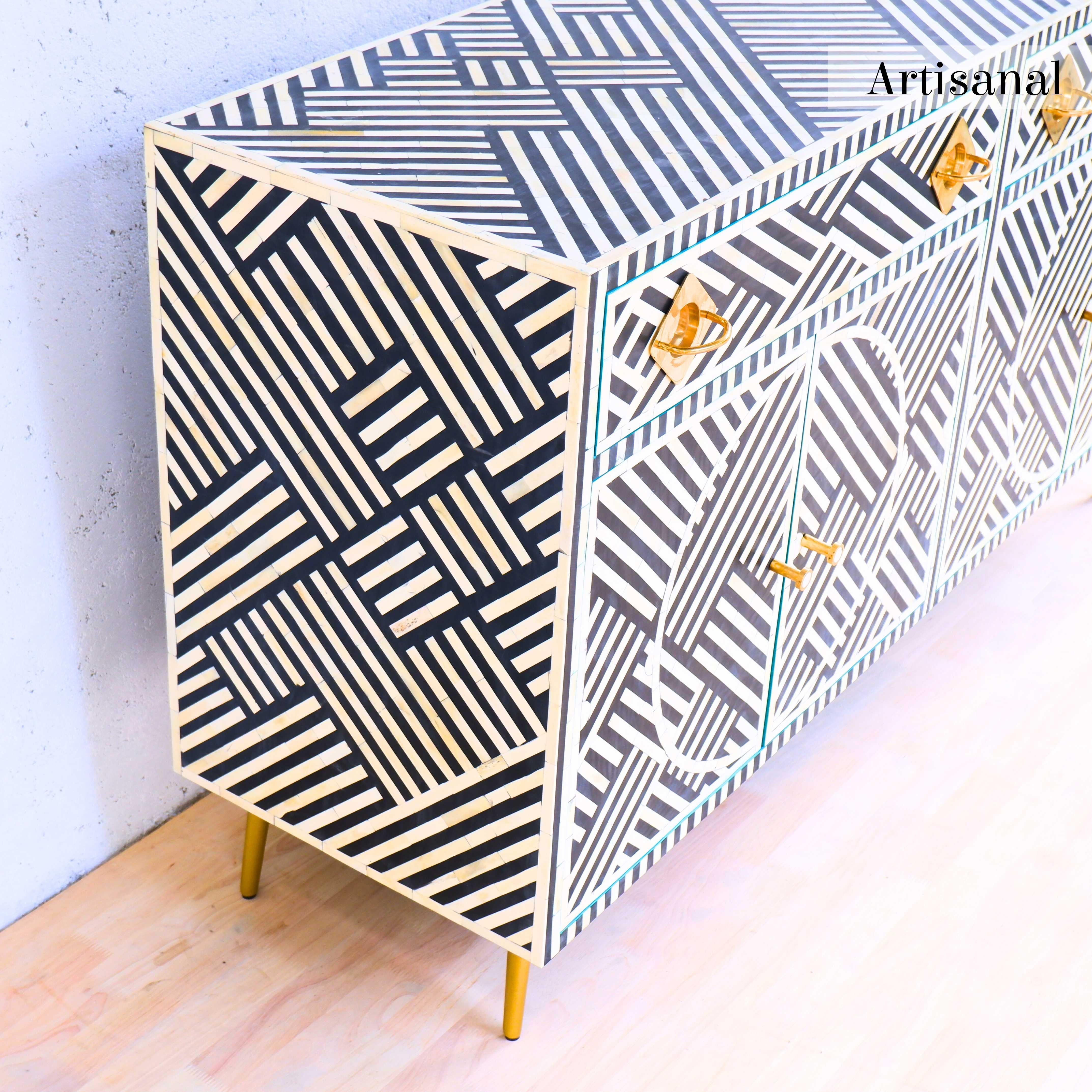 Mid-Century Modern Lines Black Inlay Sideboard, Buffet Handcrafted by Artisanal For Sale