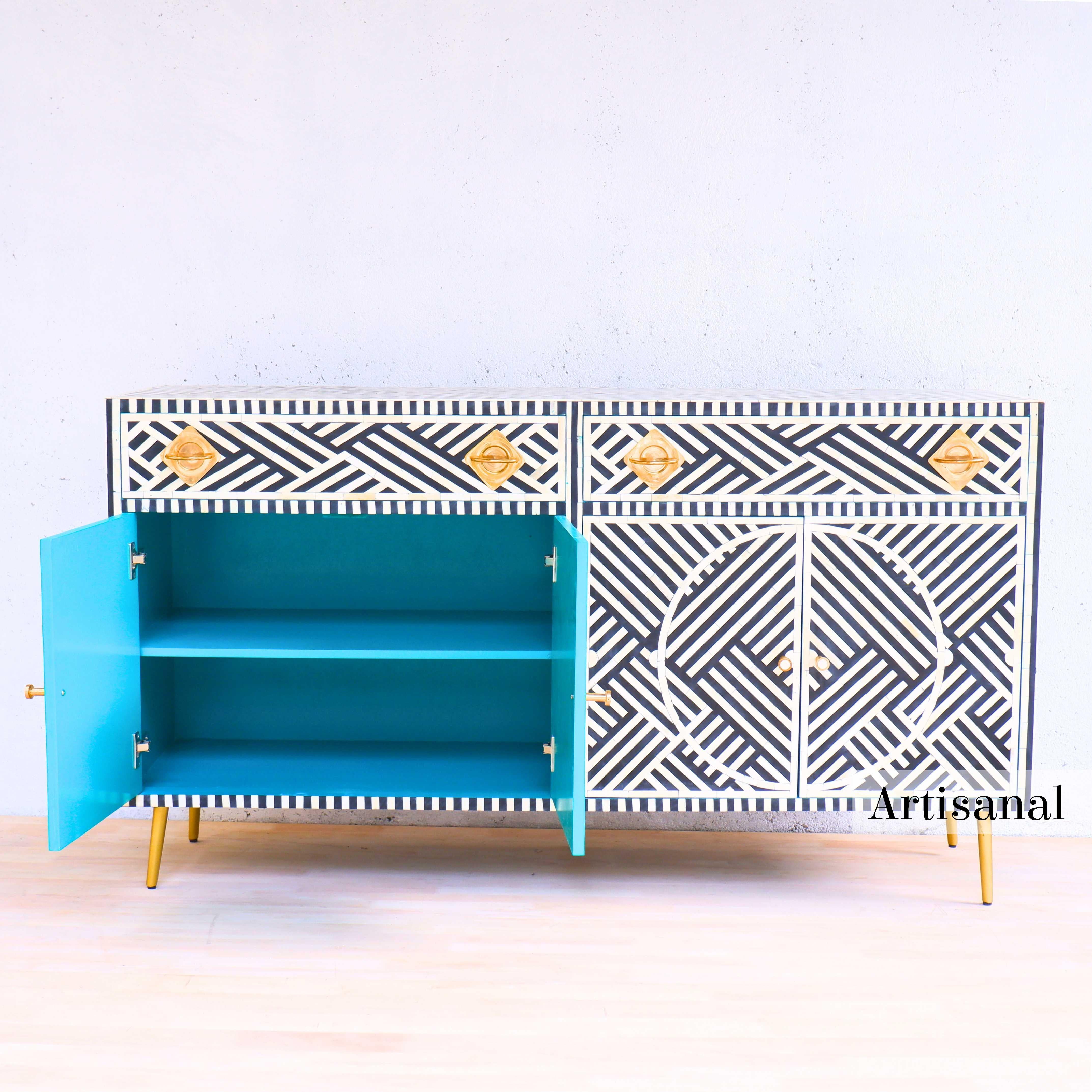 Bone Lines Black Inlay Sideboard, Buffet Handcrafted by Artisanal For Sale
