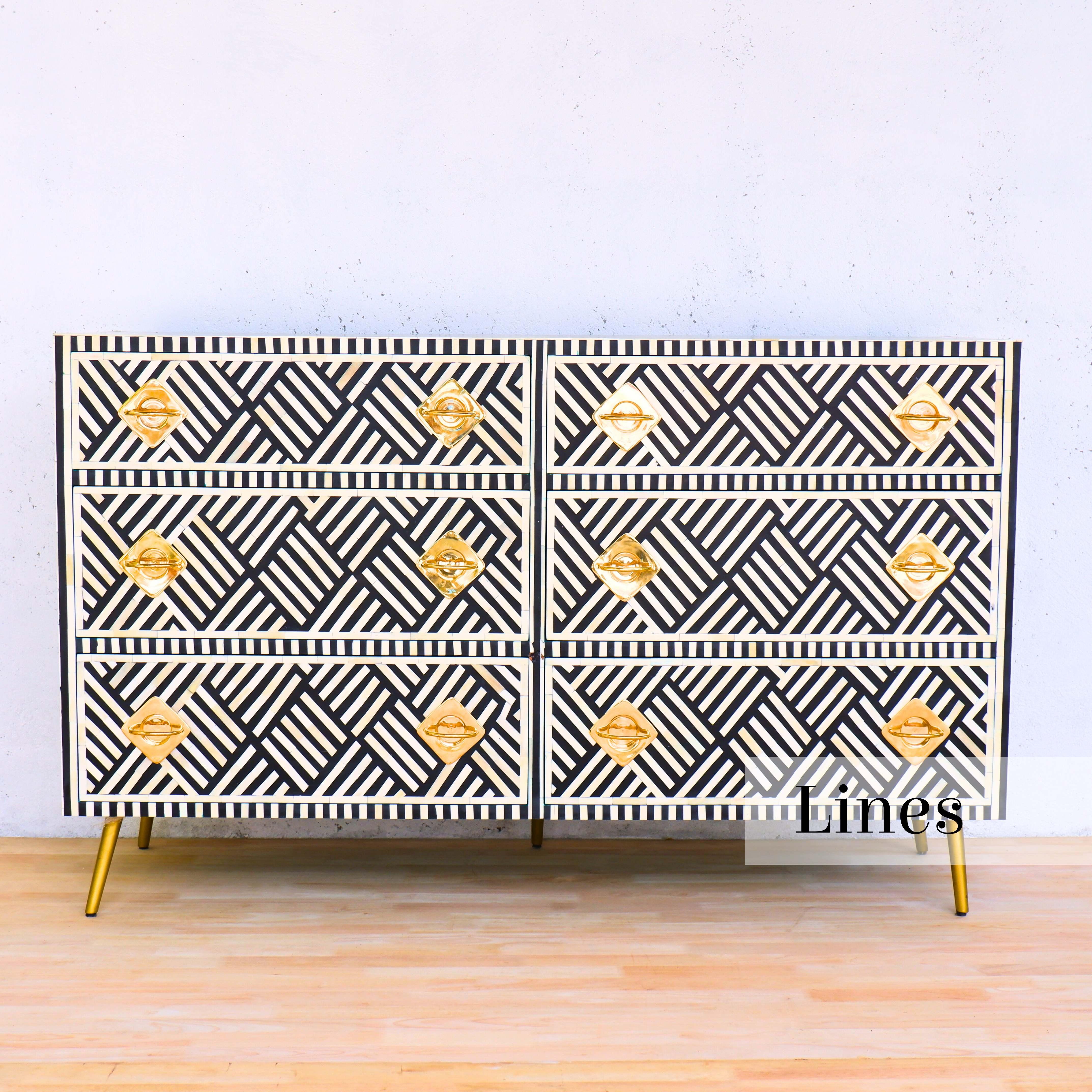 Líneas Cómoda Seis Cajones Incrustación Negra, Cómoda Hecha a Mano por Artisanal en venta 4