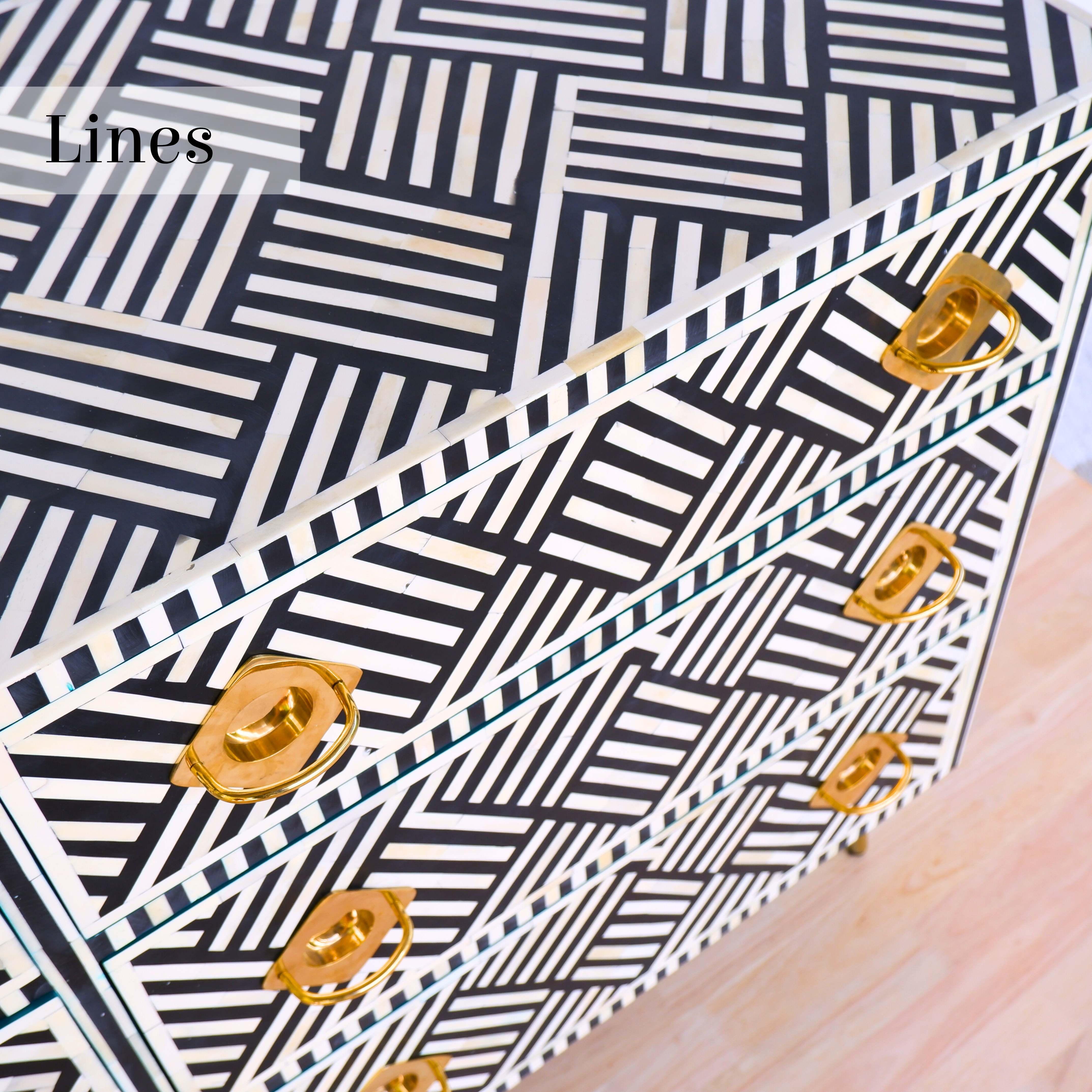 Líneas Cómoda Seis Cajones Incrustación Negra, Cómoda Hecha a Mano por Artisanal Indio en venta