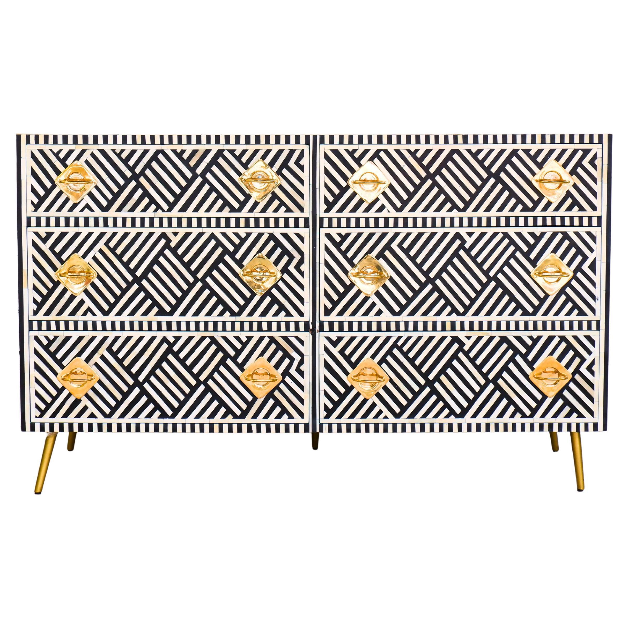Lines Black Inlay Six Drawer Dresser, Chest of Drawer Handcrafted by Artisanal