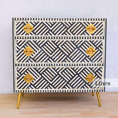 Lines Black Inlay Three Drawer Dresser, Chest of Drawer Handcrafted by Artisanal