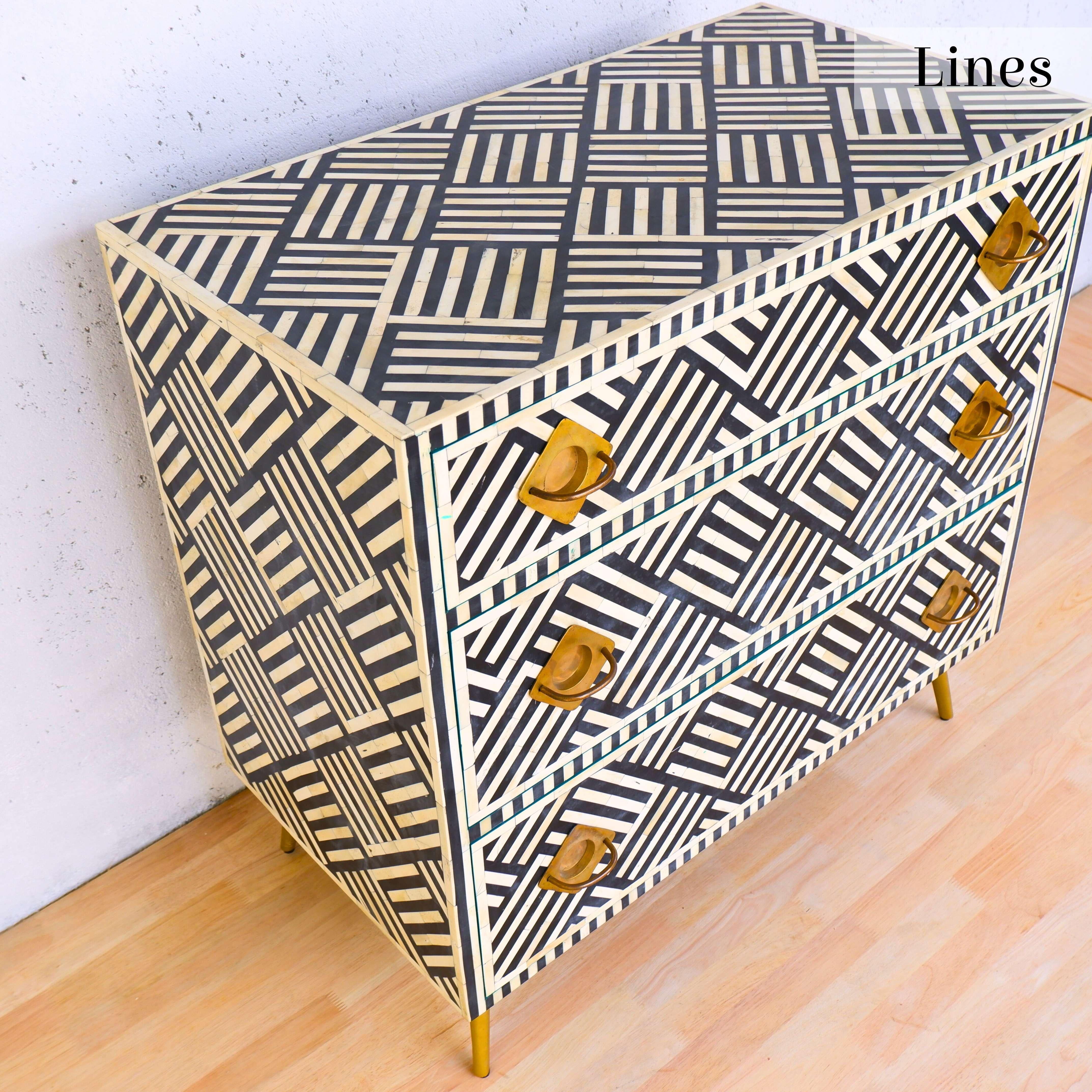 Mid-Century Modern Lines Black Inlay Three Drawer Dresser, Chest of Drawer Handcrafted by Artisanal For Sale