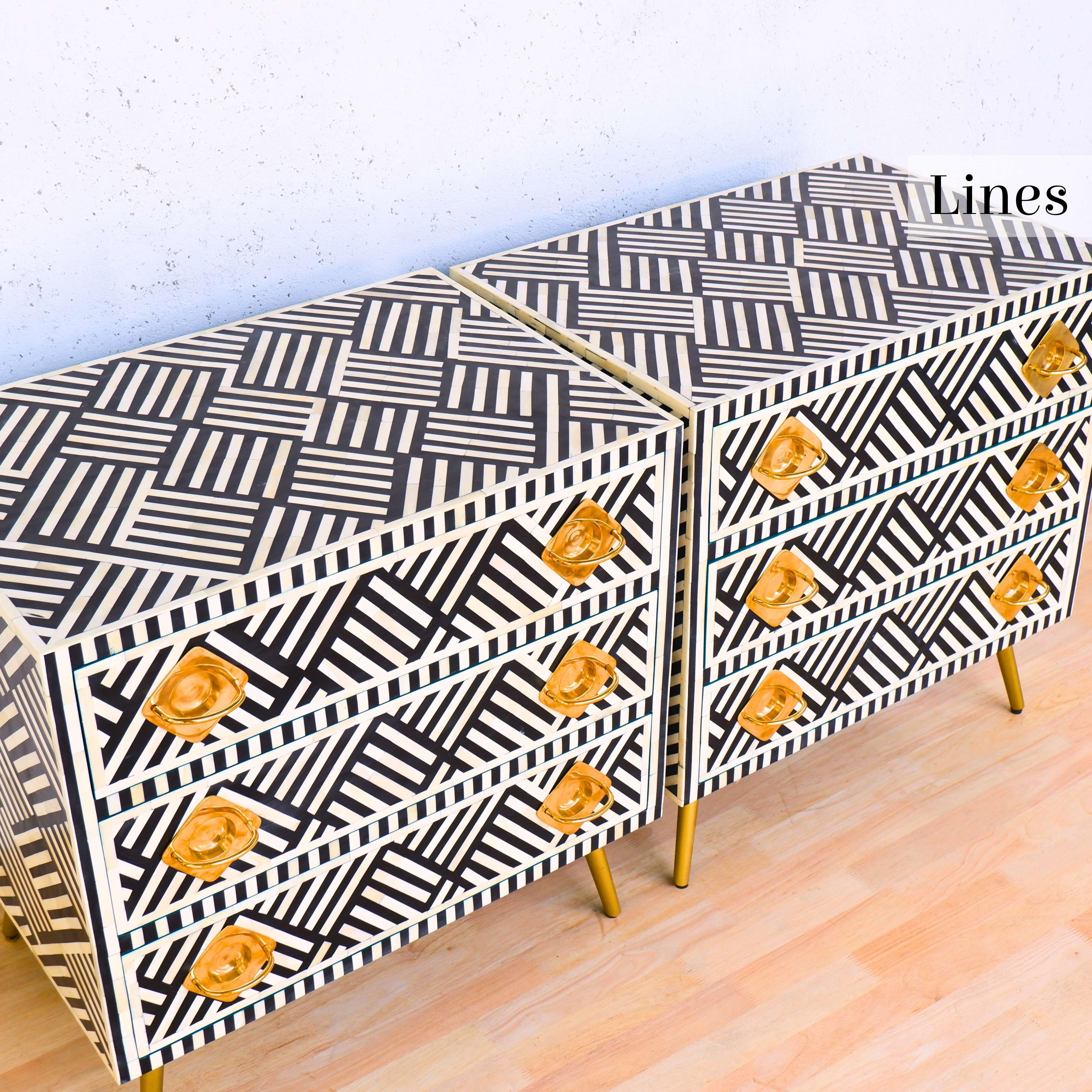 Mid-Century moderno Lines Cassettiera a tre cassetti con intarsio nero, cassettiera realizzata a mano da Artisanal in vendita