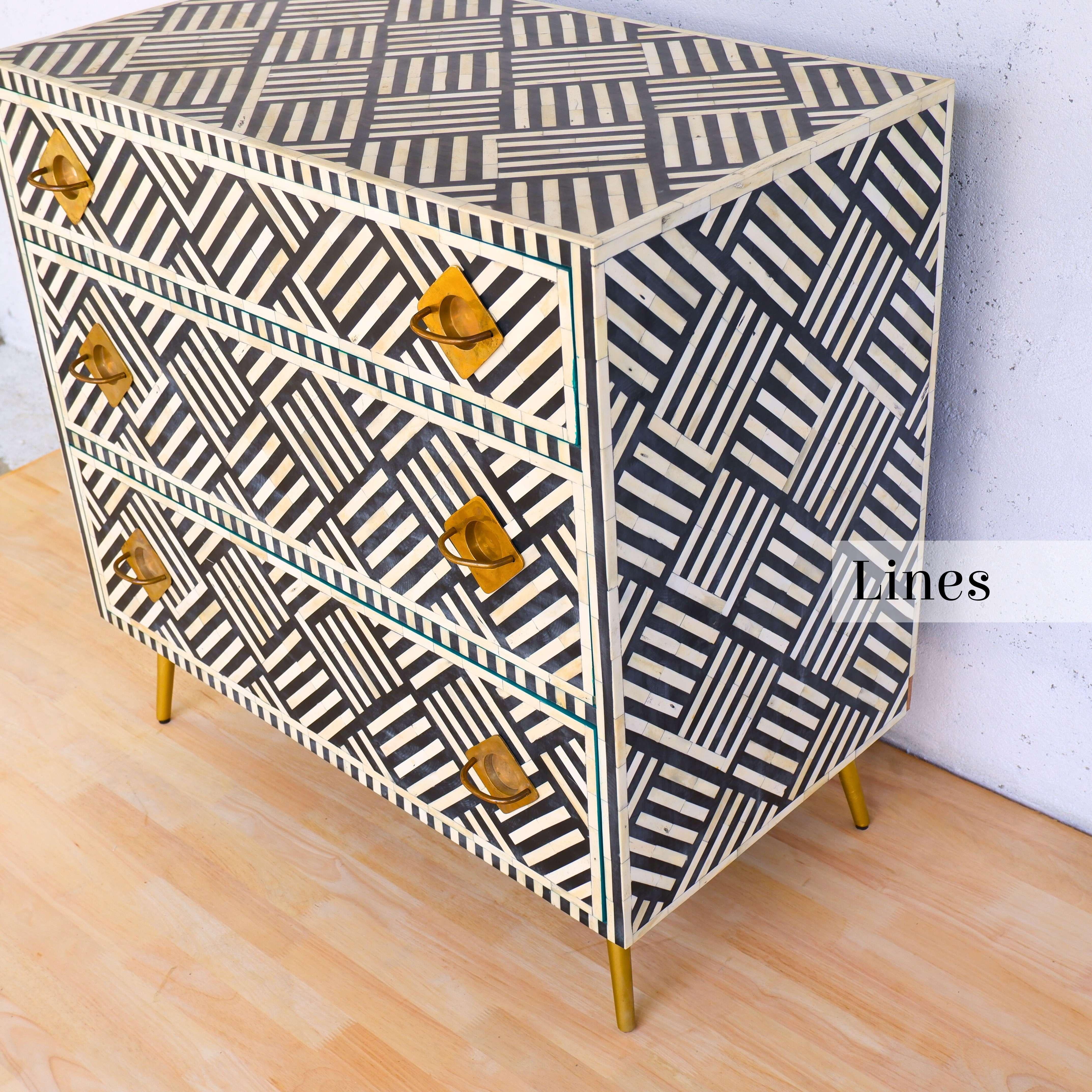 Indian Lines Black Inlay Three Drawer Dresser, Chest of Drawer Handcrafted by Artisanal For Sale