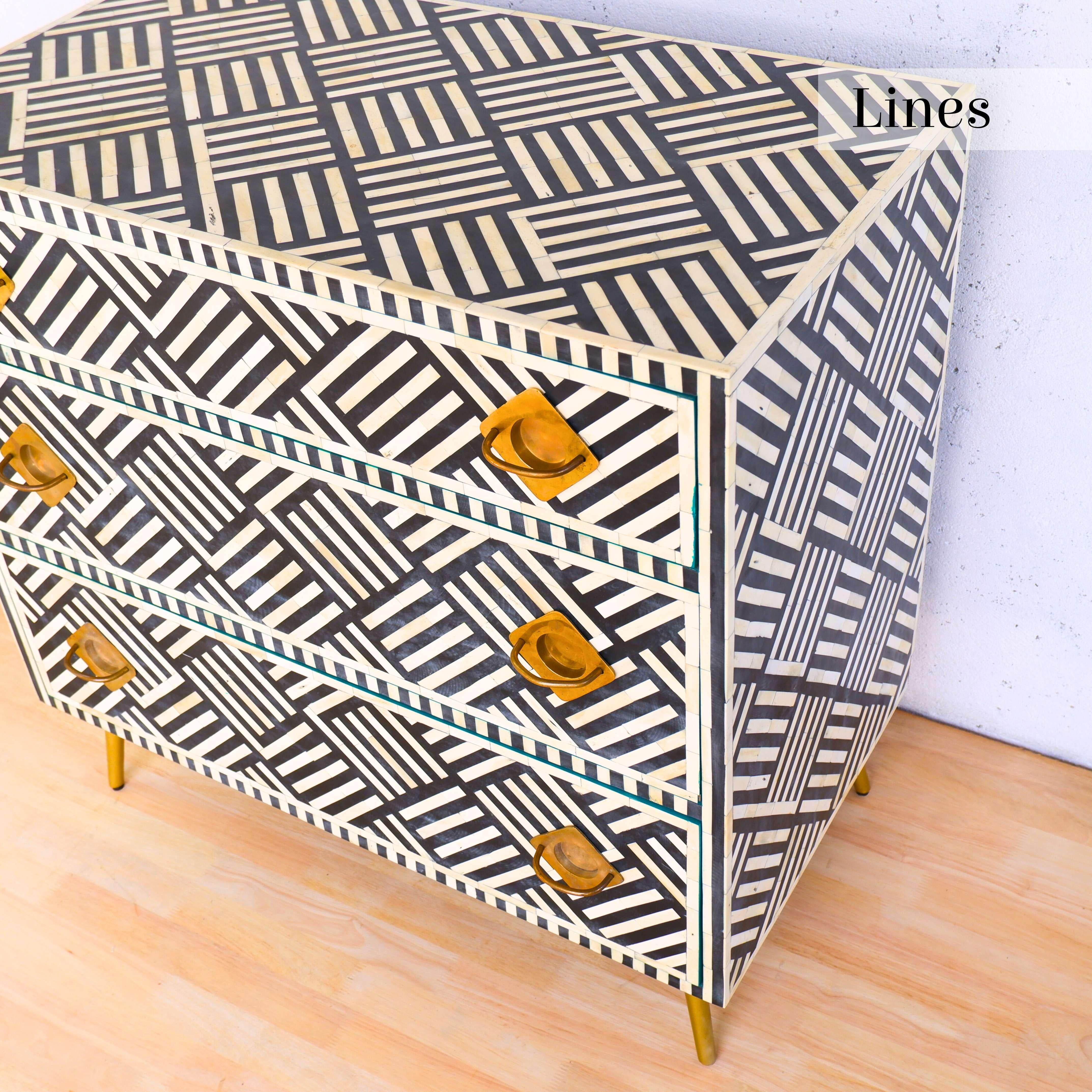 Lines Black Inlay Three Drawer Dresser, Chest of Drawer Handcrafted by Artisanal In New Condition For Sale In New York, NY