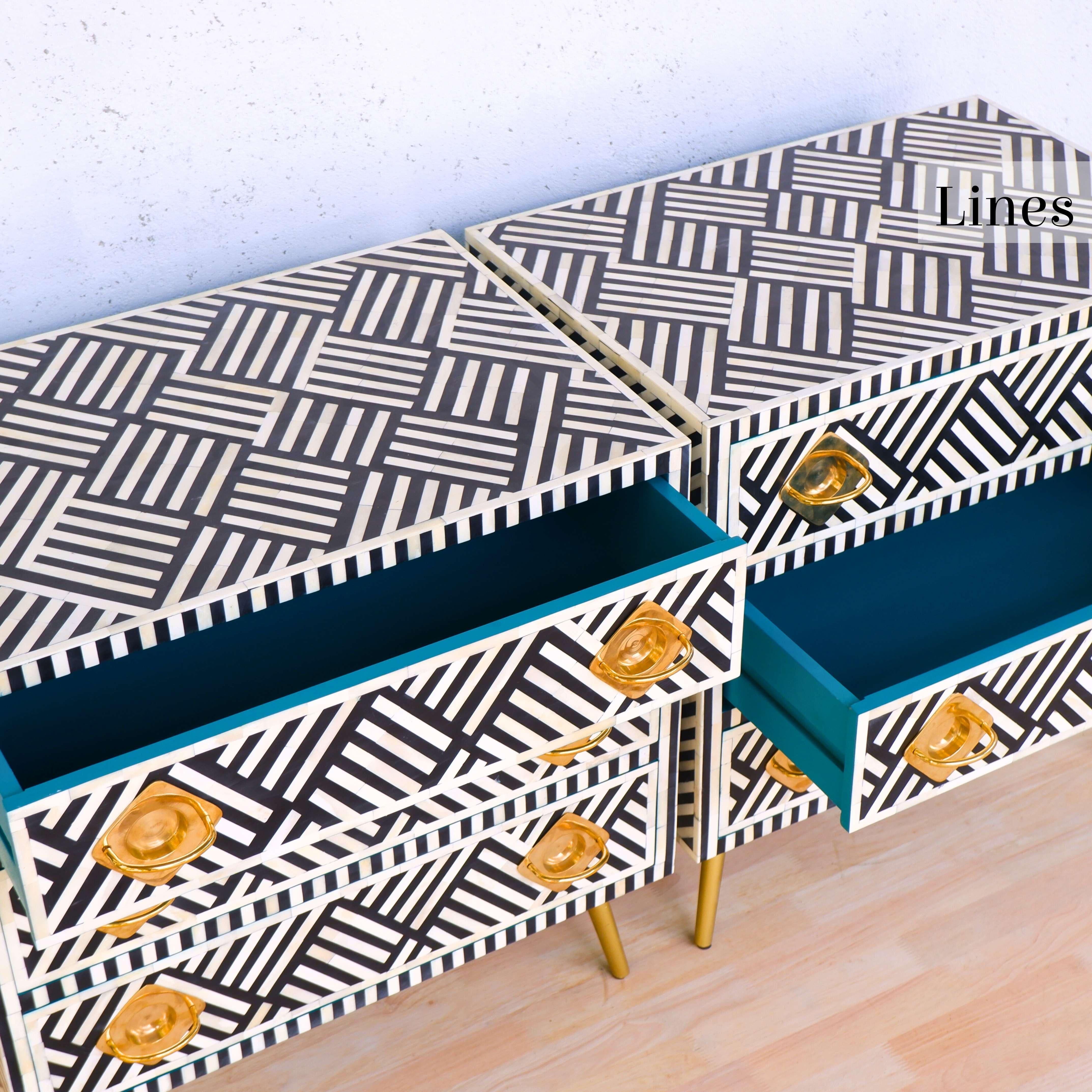XXI secolo e contemporaneo Lines Cassettiera a tre cassetti con intarsio nero, cassettiera realizzata a mano da Artisanal in vendita