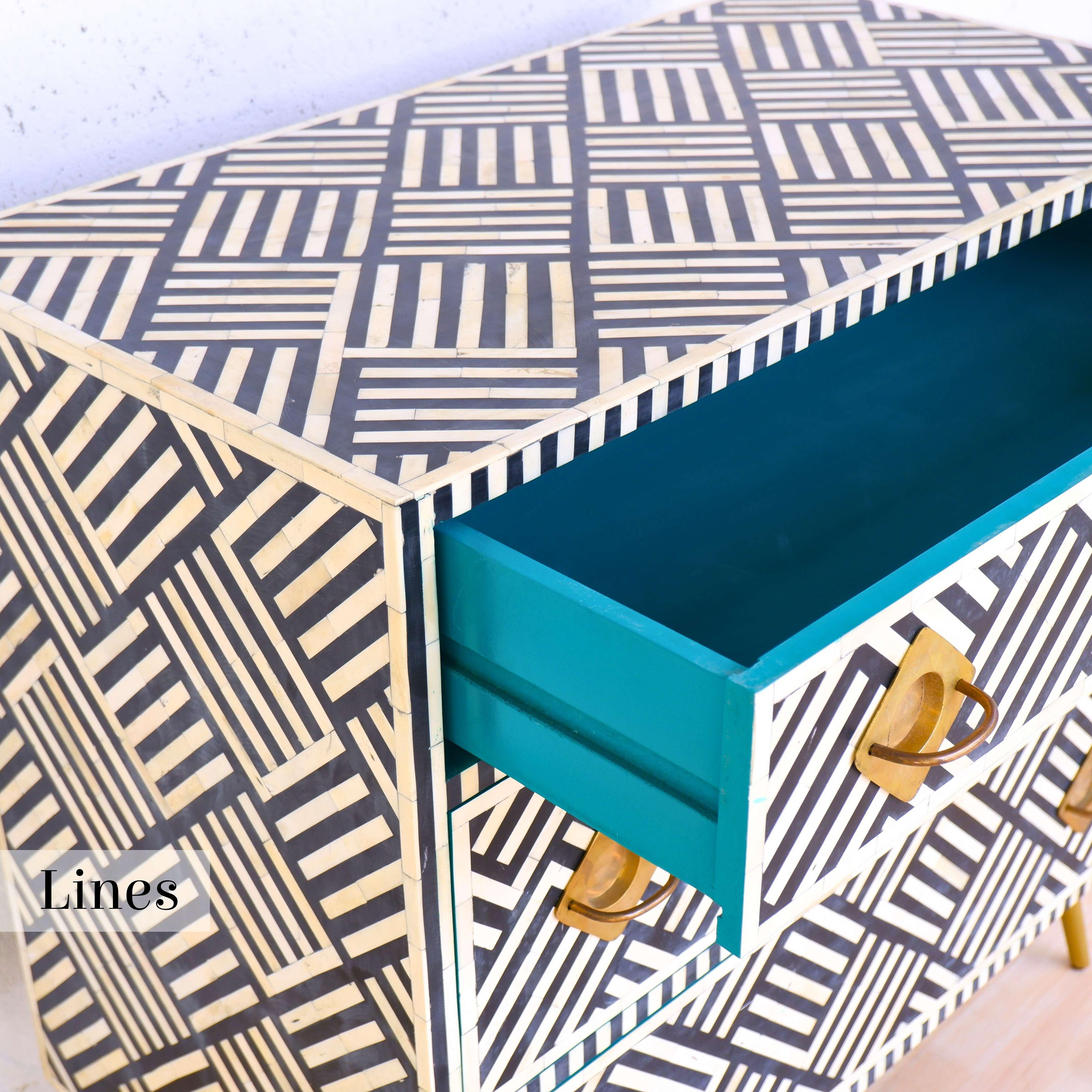 Lines Black Inlay Three Drawer Dresser, Chest of Drawer Handcrafted by Artisanal For Sale 1