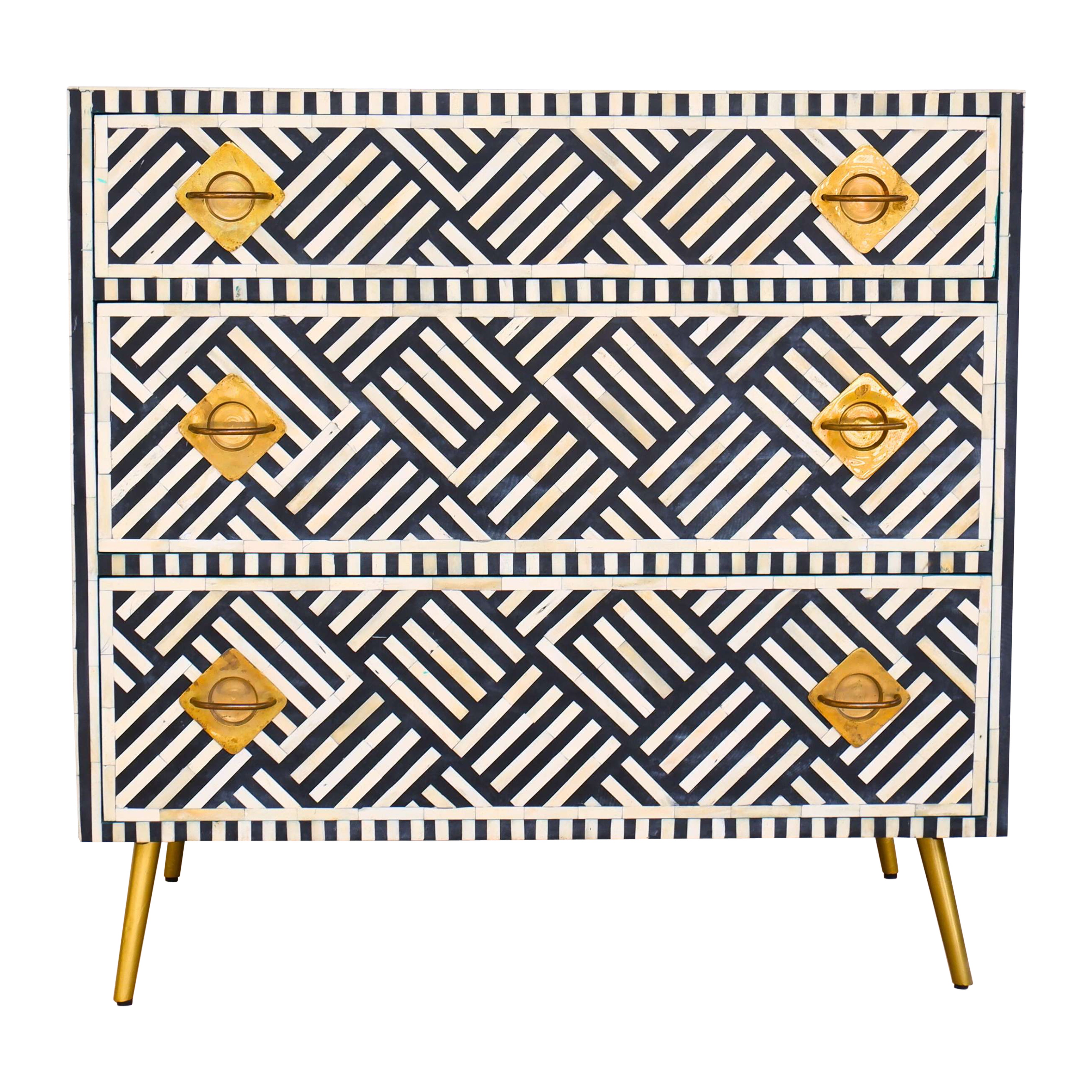 Lines Black Inlay Three Drawer Dresser, Chest of Drawer Handcrafted by Artisanal