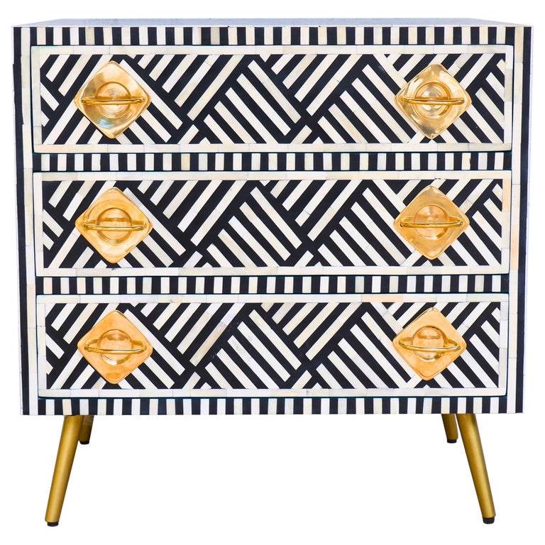 Lines Black Inlay Three Drawer Dresser, Chest of Drawer Handcrafted by  Artisanal For Sale at 1stDibs