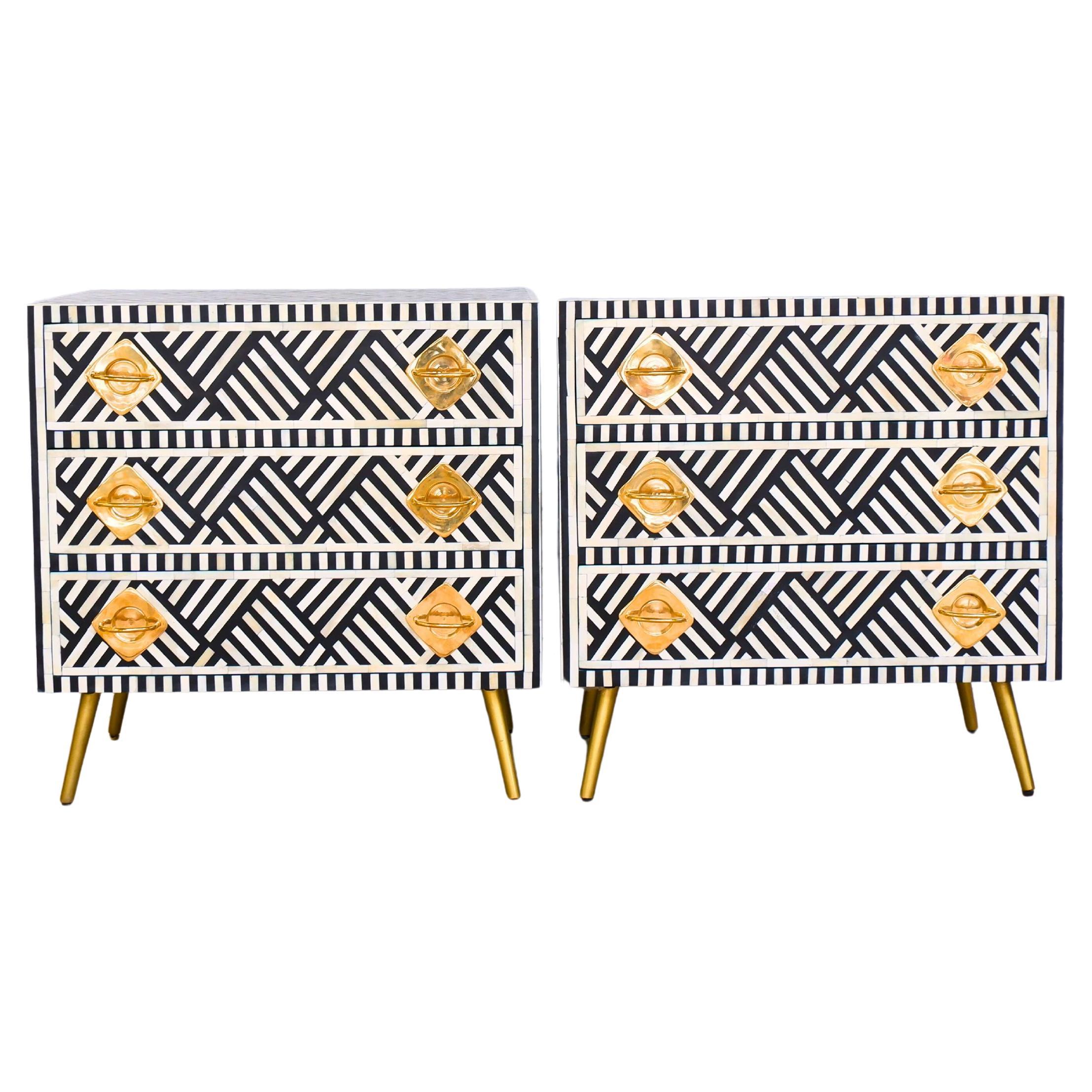 Lines Black Inlay Three Drawer Dresser, Chest of Drawer Handcrafted by Artisanal