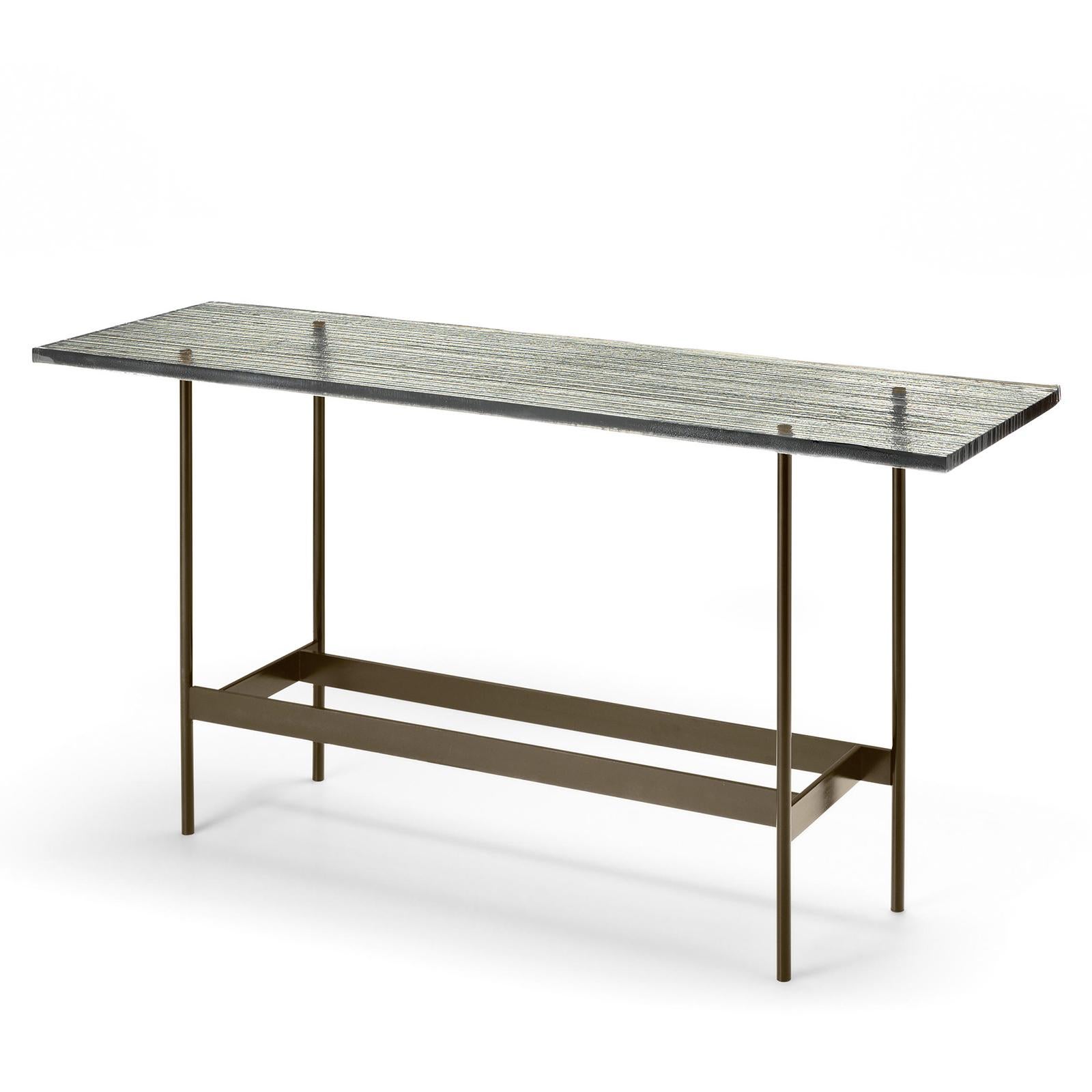 Console table lines glass top with 23mm thickness
colored striped glass top. On opaque titanium base.
Also available with 23mm thickness clear glass top.
Available in: 
L 120 x D 45 x H 75cm, price: 4400,00€
L 150 x D 45 x H 75cm, price: 4900,00€.