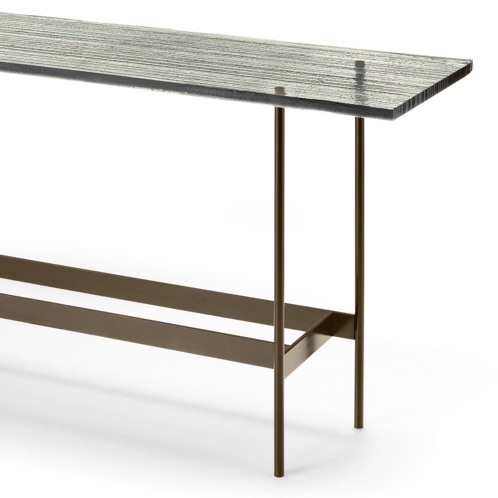 Hand-Crafted Lines Glass Top Console Table with Striped Glass Top For Sale