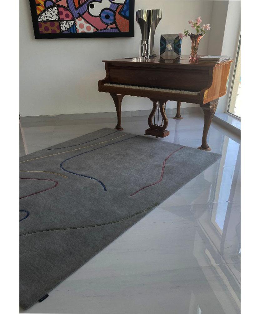 Contemporary Rug Lines -Carpet Tufted Grey Wool w/ Multicolor Lines Red Yellow Blue  For Sale