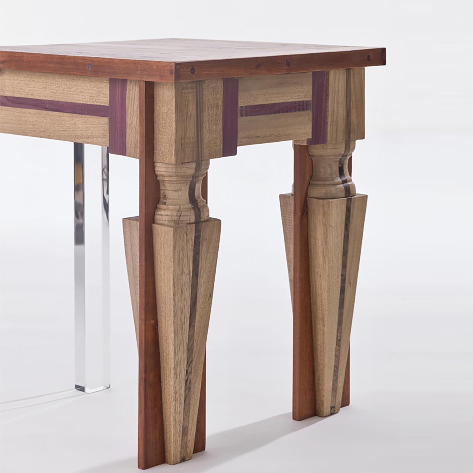 Contemporary Lines Under the Forest Wood and Plexiglas Side Table For Sale