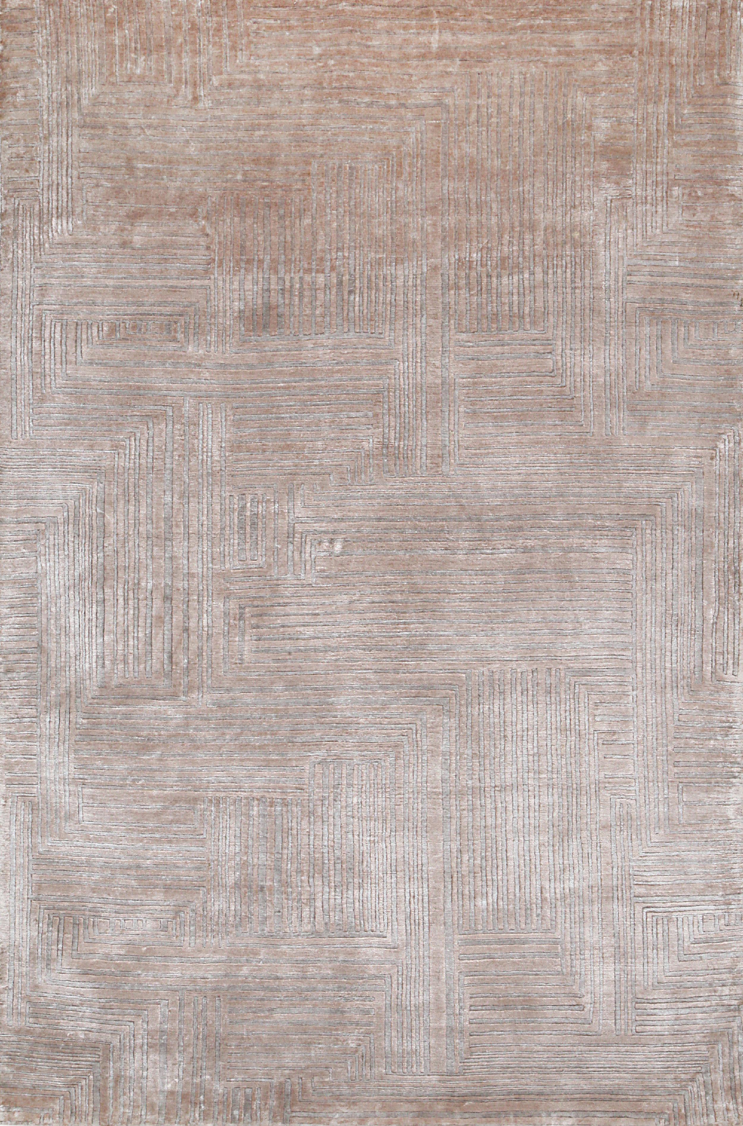 Modern LINES Hand Knotted Contemporary Silk Rug in Beige & Taupe Colours by Hands For Sale