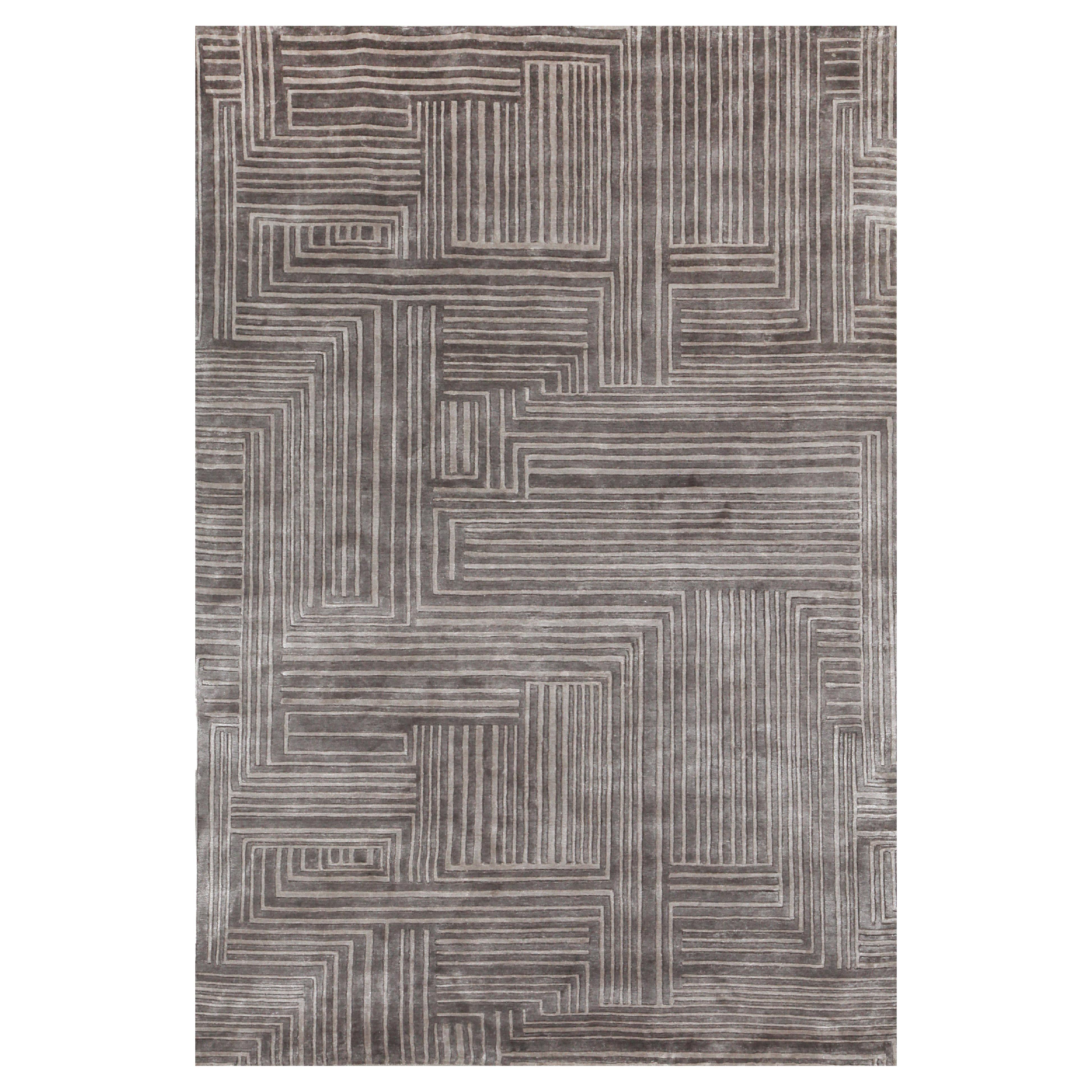 LINES Hand Knotted Contemporary Silk Rug in Beige & Taupe Colours by Hands For Sale