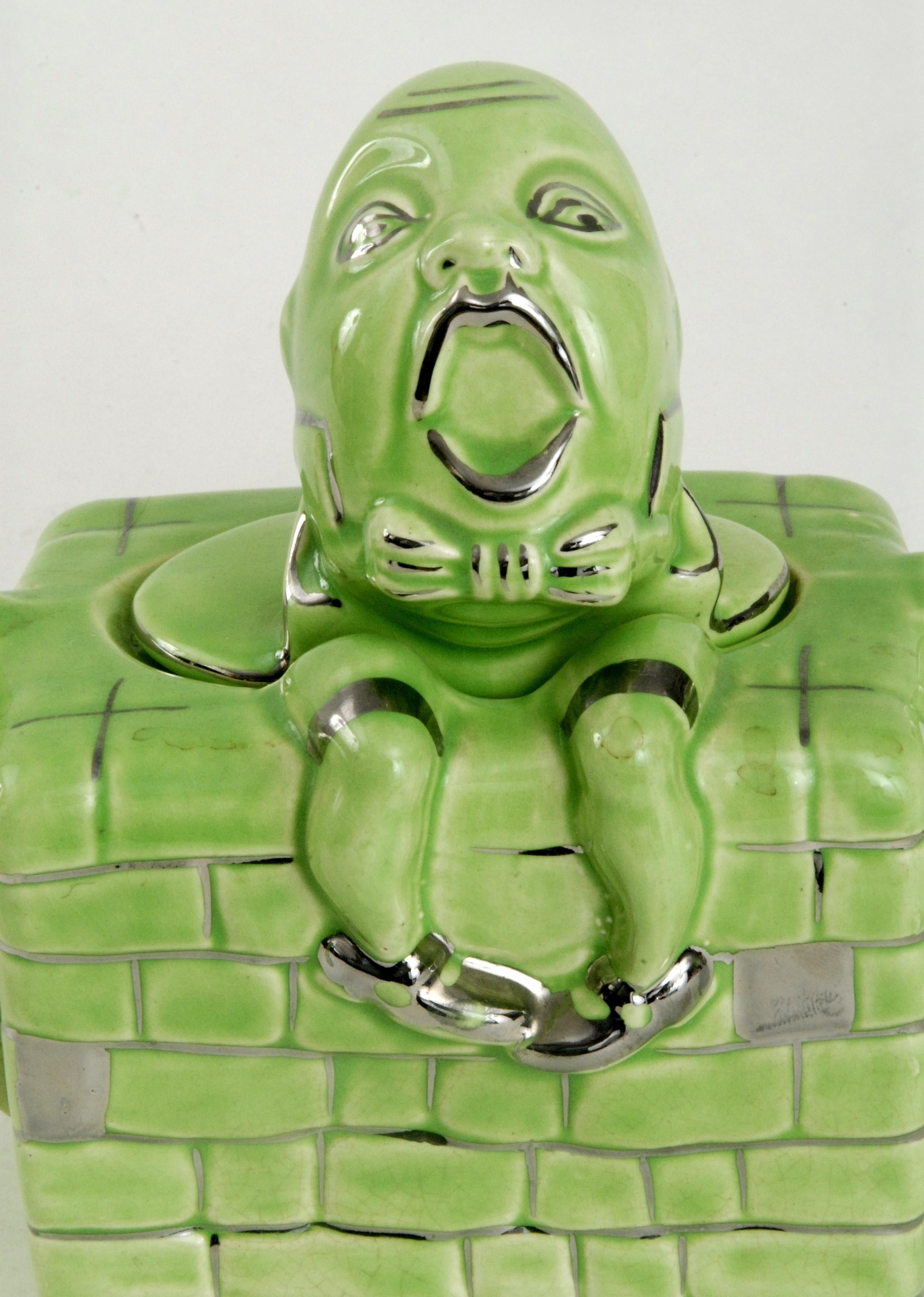 A Lingard pottery nursery rhyme teapot with Humpty Dumpty in acid green and platinum detail.
Originally Lingard promoted themselves as 'The Teapot Specialists of England Since 1867', the small Staffordshire firm of Lingard Webster & Co was founded