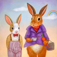 Dapper Rabbits - Misters At A Picnic. Rabbits in Vintage Clothing. Oil Painting