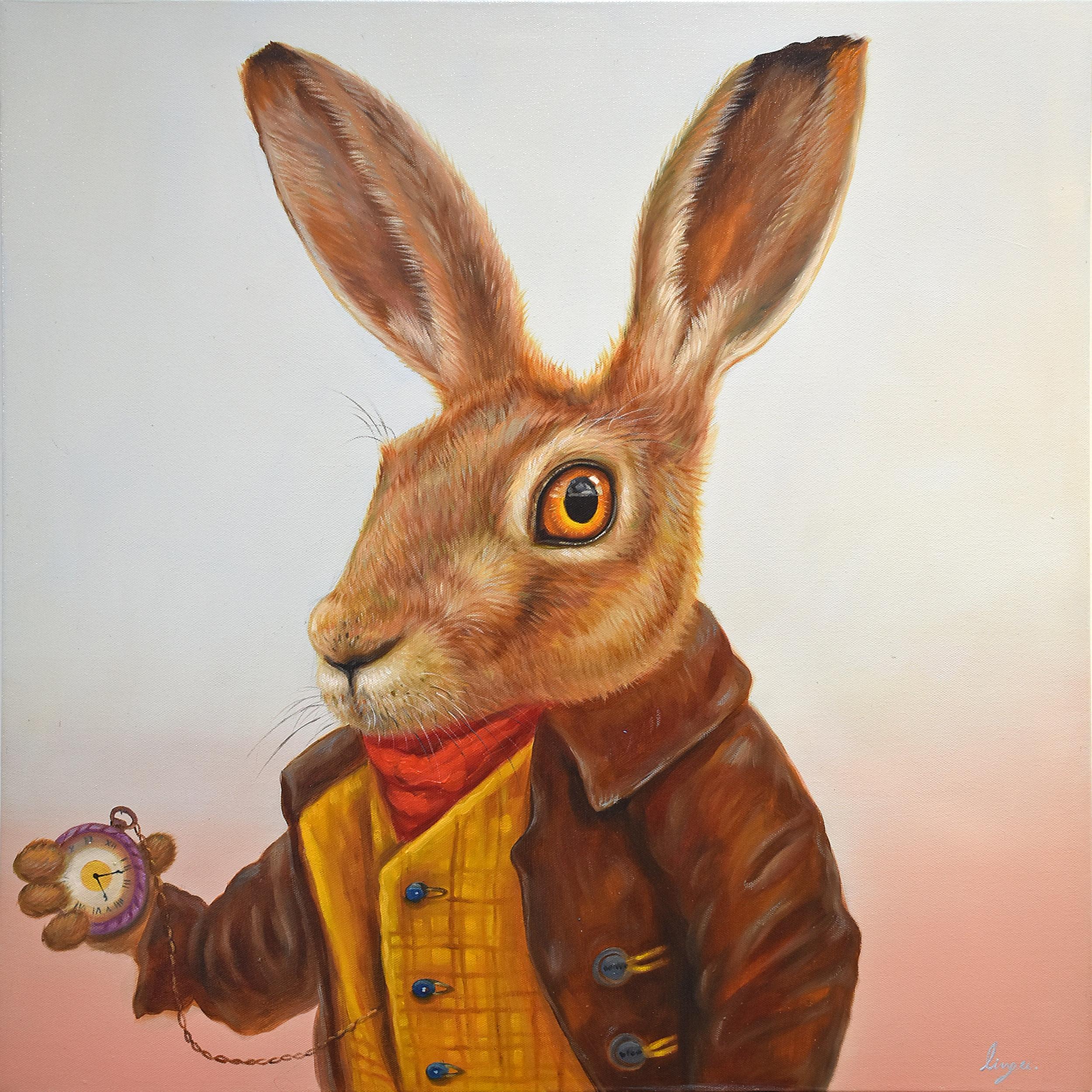 Lingee Bangkhuntod Animal Painting - Dapper Rabbits - Mr. O'Hare. Rabbit in Vintage Clothing. Oil Painting