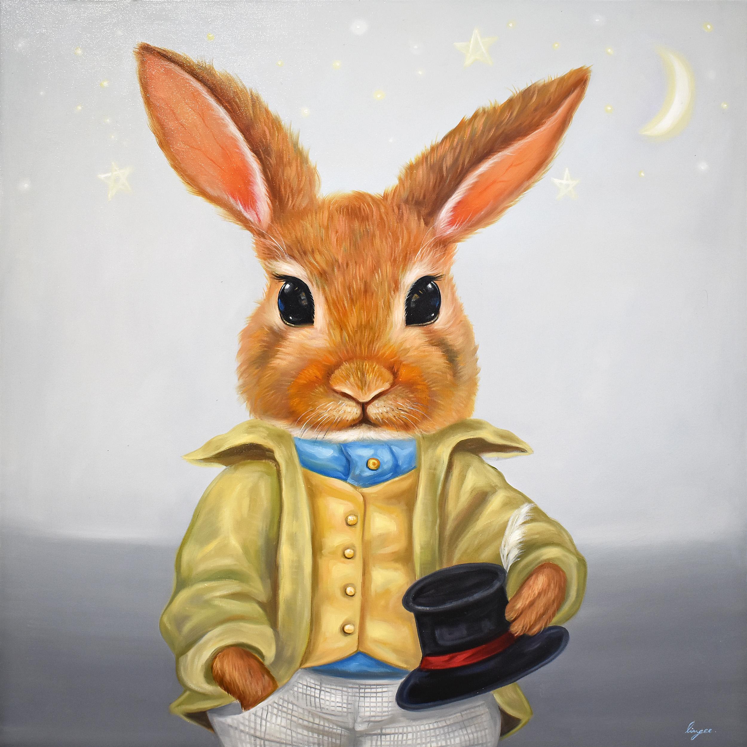 Lingee Bangkhuntod Animal Painting - Dapper Rabbits - "Pleasure to meet you". Rabbit in Vintage Clothing. 