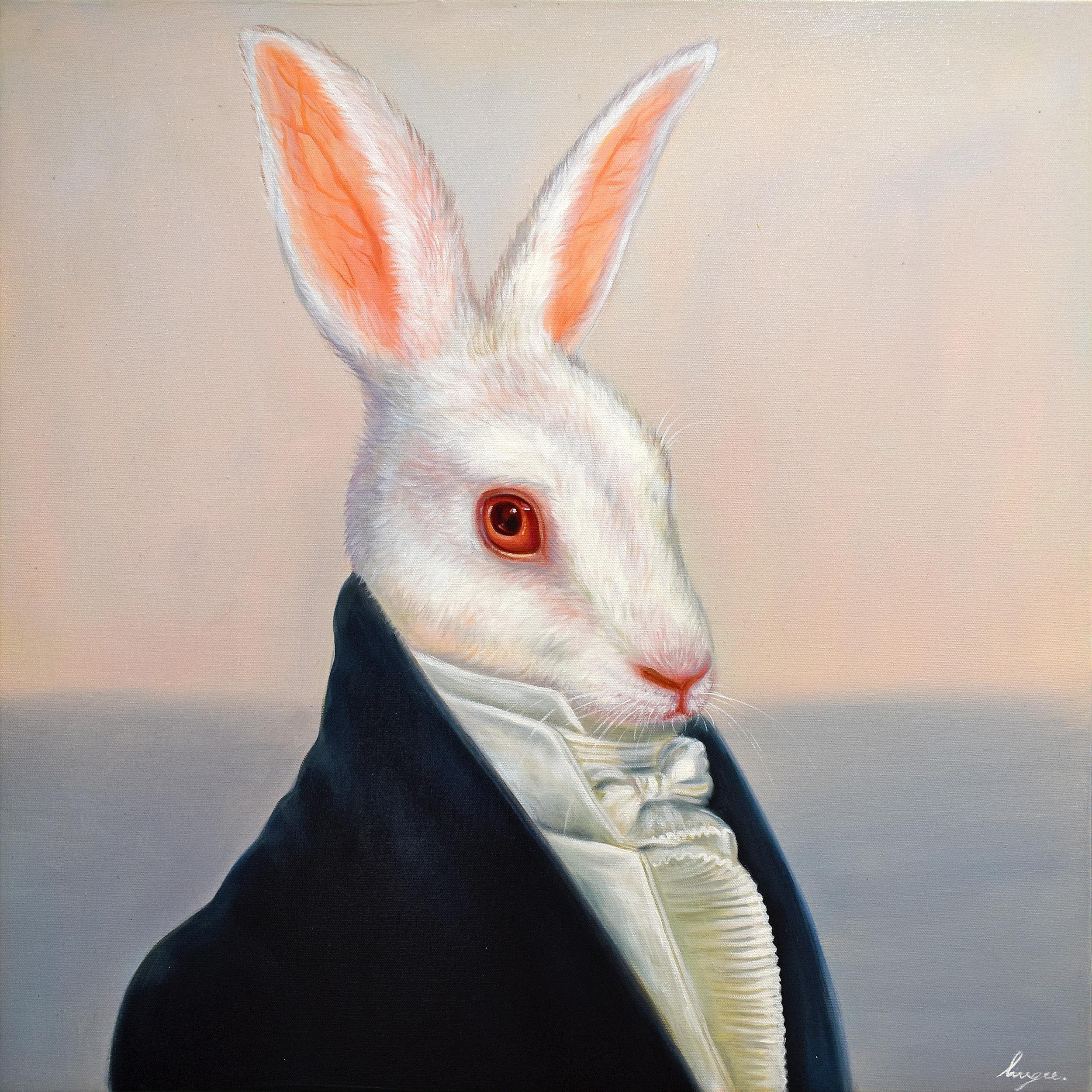 Lingee Bangkhuntod Animal Painting - Dapper Rabbits - Sir White. Rabbit in Vintage Clothing. Oil Painting