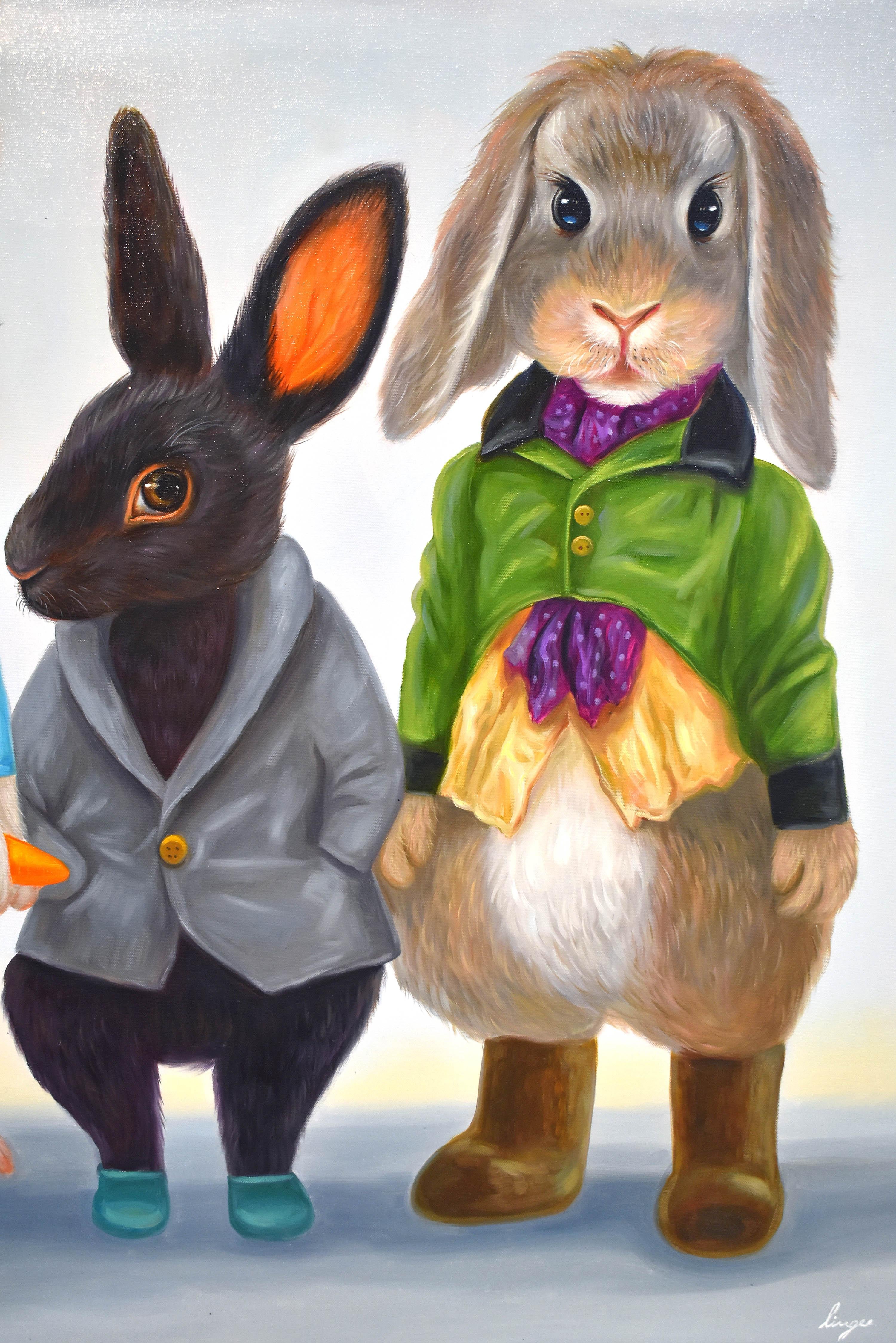 Lingee is a Fine Artist whose works denote a whimsy and semi-realistic portrayal of her subjects. She enjoys painting animals and subjects around her environment. She portrays the rabbits peeking through a hole in a wall would make a charming