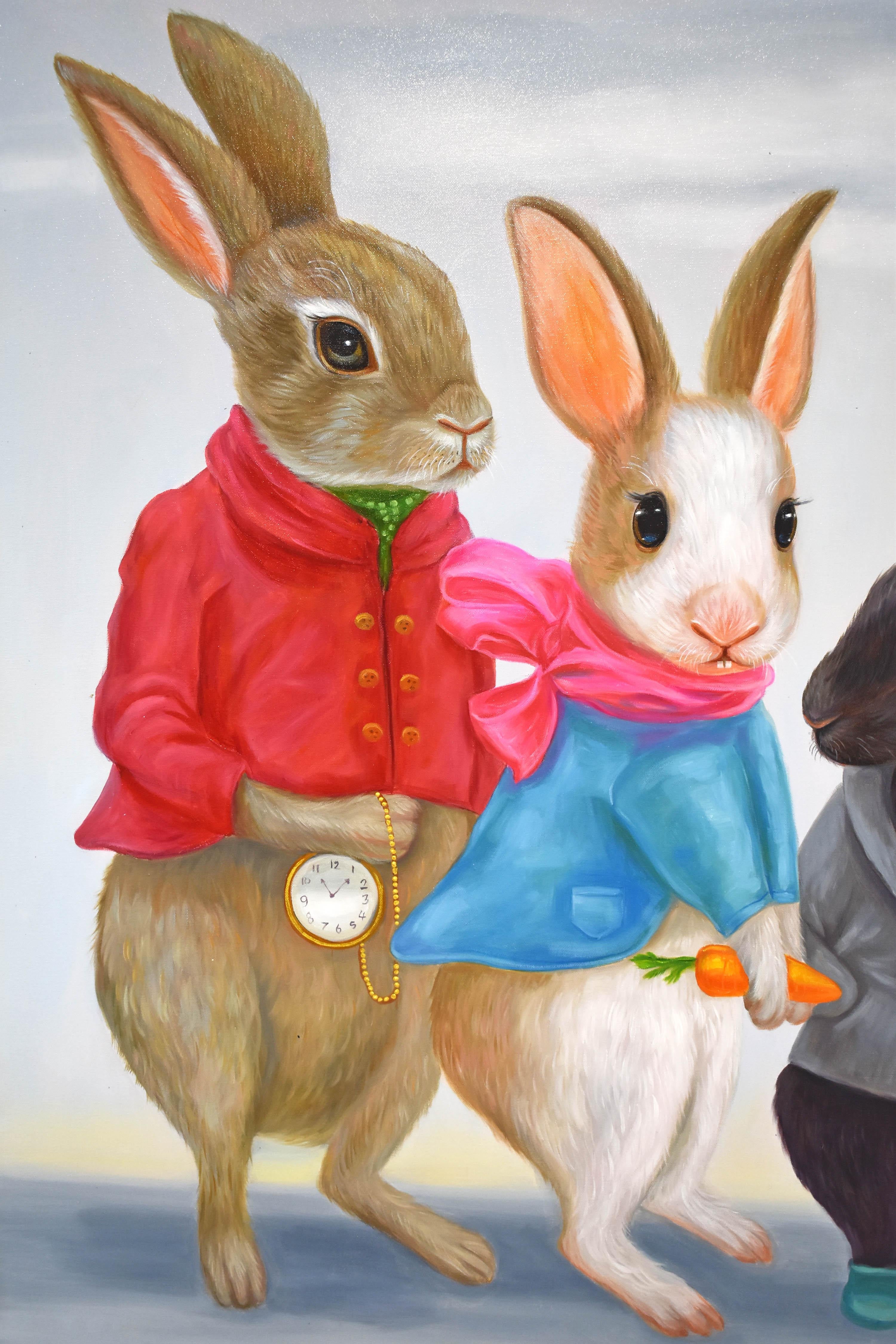 Dapper Rabbits - Sisterhood Squad. Rabbits in Vintage Clothing. Oil Painting 1