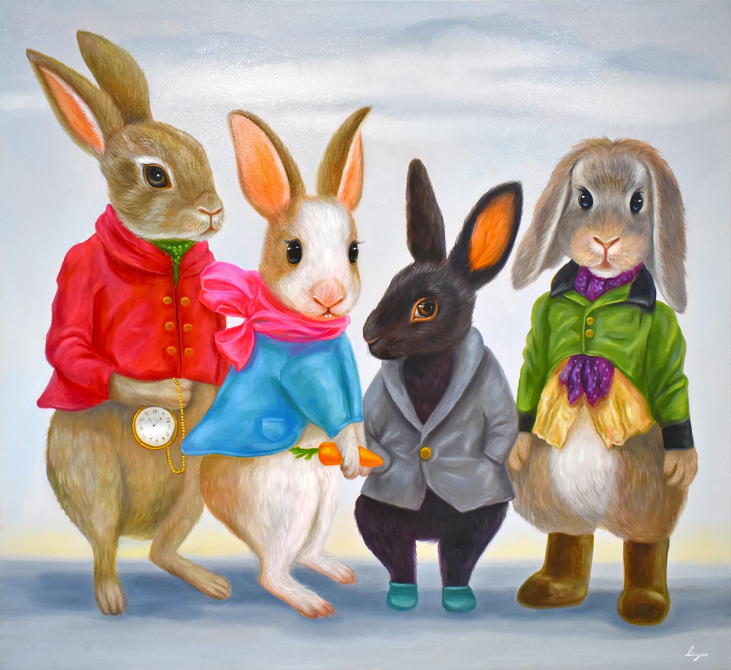 Lingee Bangkhuntod Animal Painting - Dapper Rabbits - Sisterhood Squad. Rabbits in Vintage Clothing. Oil Painting