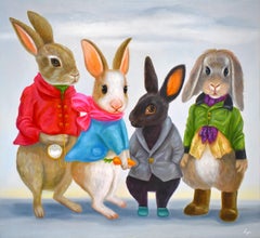 Dapper Rabbits - Sisterhood Squad. Rabbits in Vintage Clothing. Oil Painting