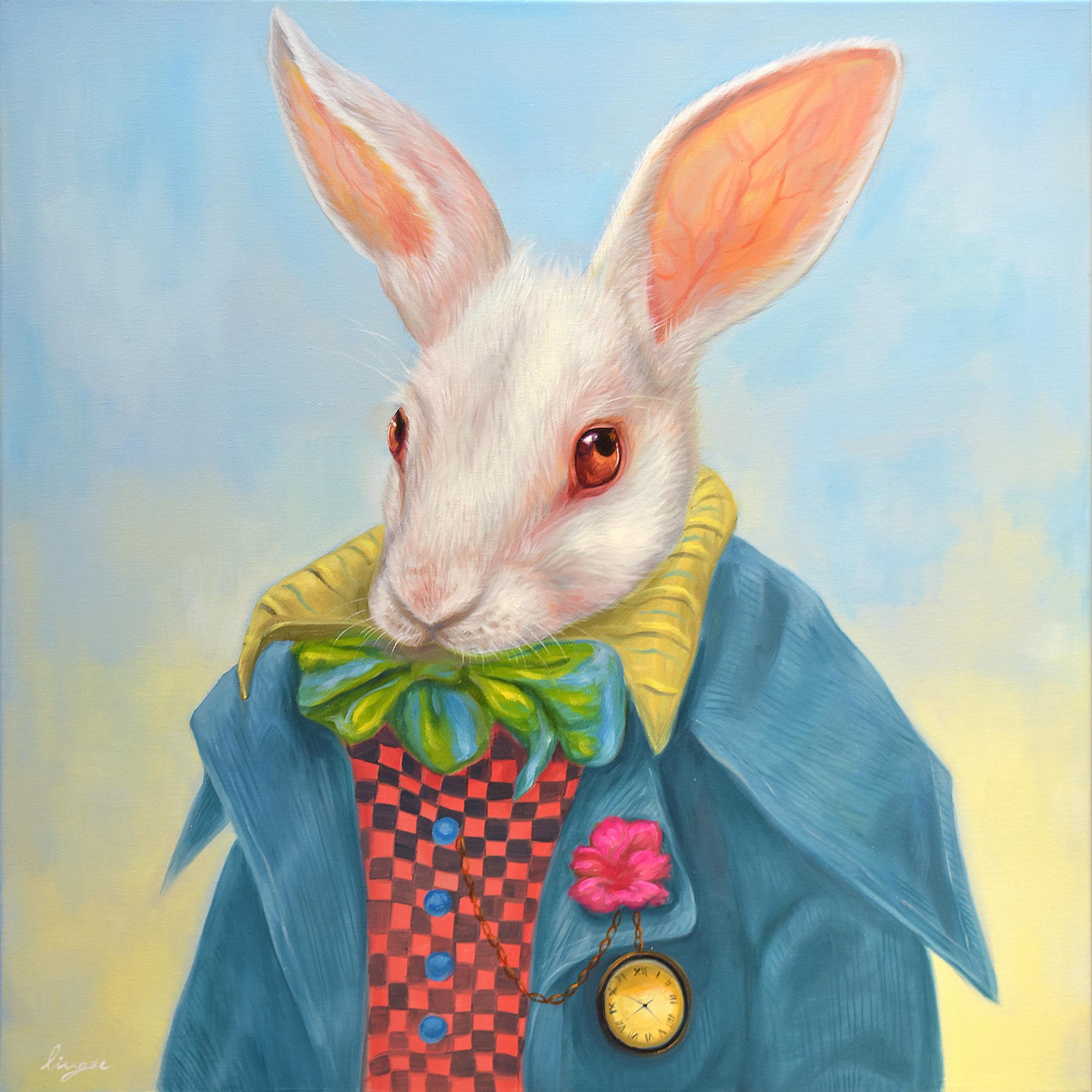 Lingee Bangkhuntod Animal Painting - Dapper Rabbits - Young Buck. Rabbit in Vintage Clothing. Oil Painting
