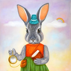 Dapper Rabbits - "You're Late". Rabbit in Vintage Clothing. Oil Painting